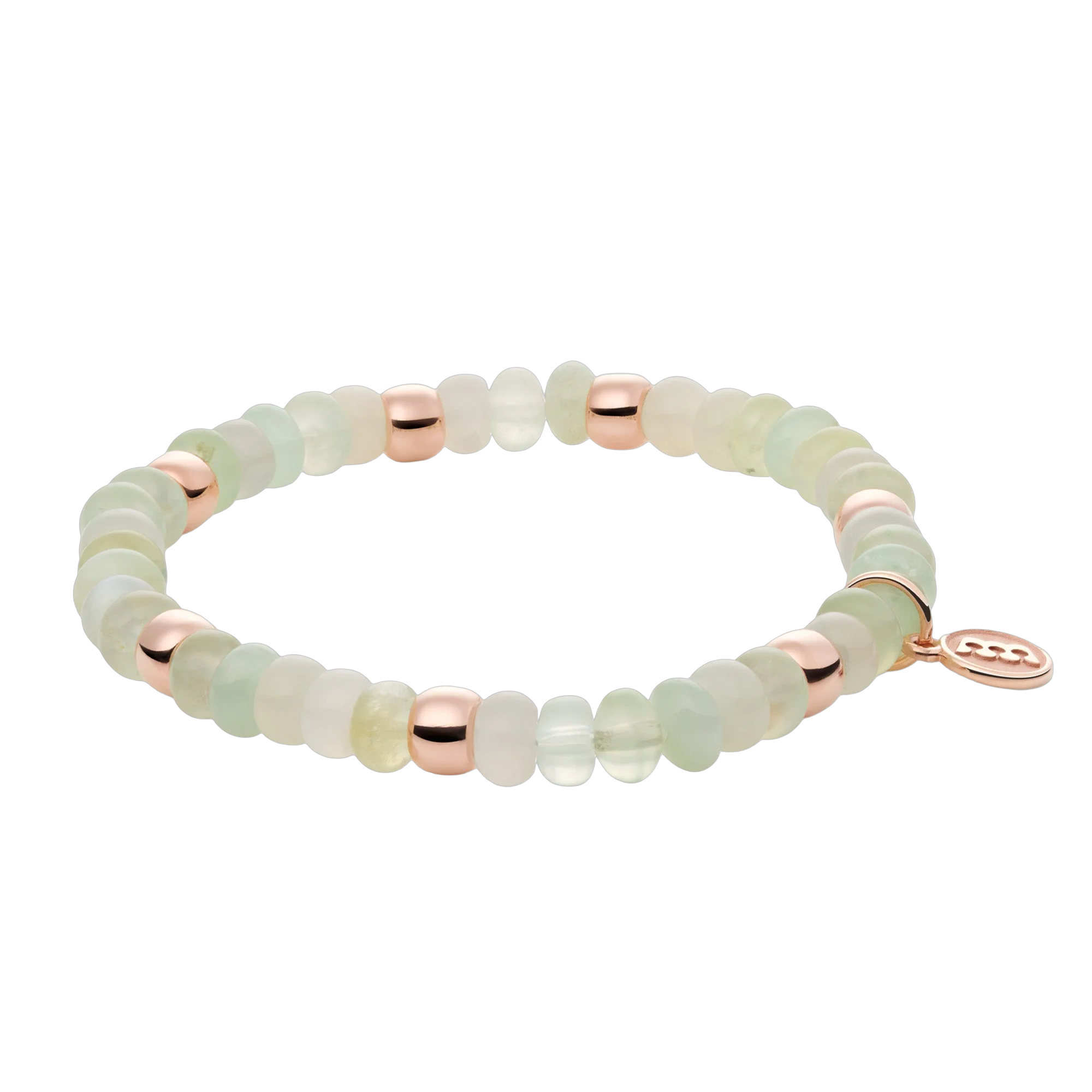 Deze Reflex armband is vervaardigd uit 18‑karaats roségoud en heeft edelstenen waaronder prehniet en witte maansteen. Het sieraad is afgewerkt met zeven gouden ornamentjes en het Bron‑label. Het referentienummer is 8AR3985MIX86. 