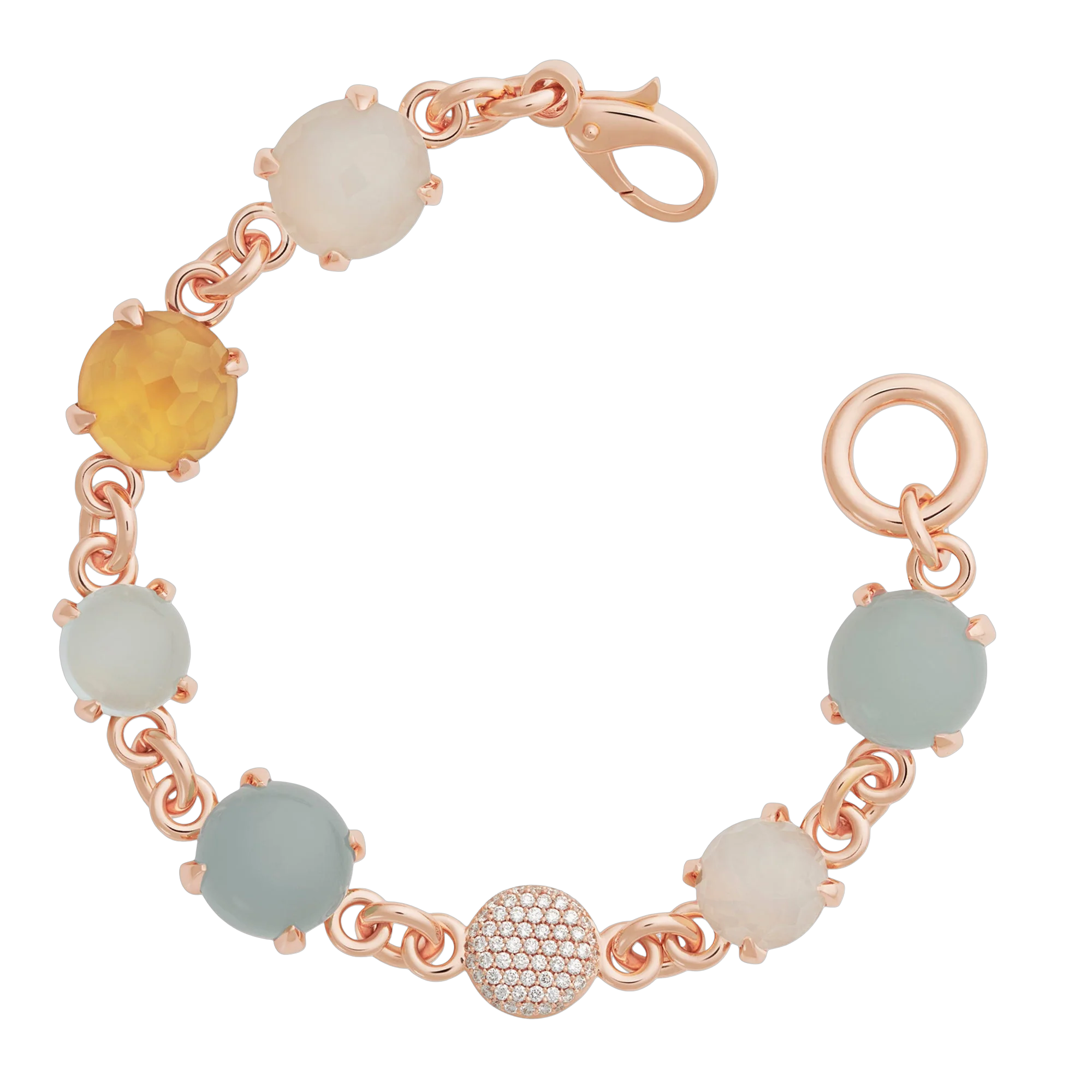 Deze Catch armband van Bron is vervaardigd uit 18 karaats roségoud en combineert op harmonieuze wijze aquamarijn, citrien en witte maansteen met sprankelende diamanten. De kleurrijke edelstenen en verfijnde afwerking geven de armband een speelse en elegante uitstraling. Het referentienummer is 8AR3965MIX19BR.