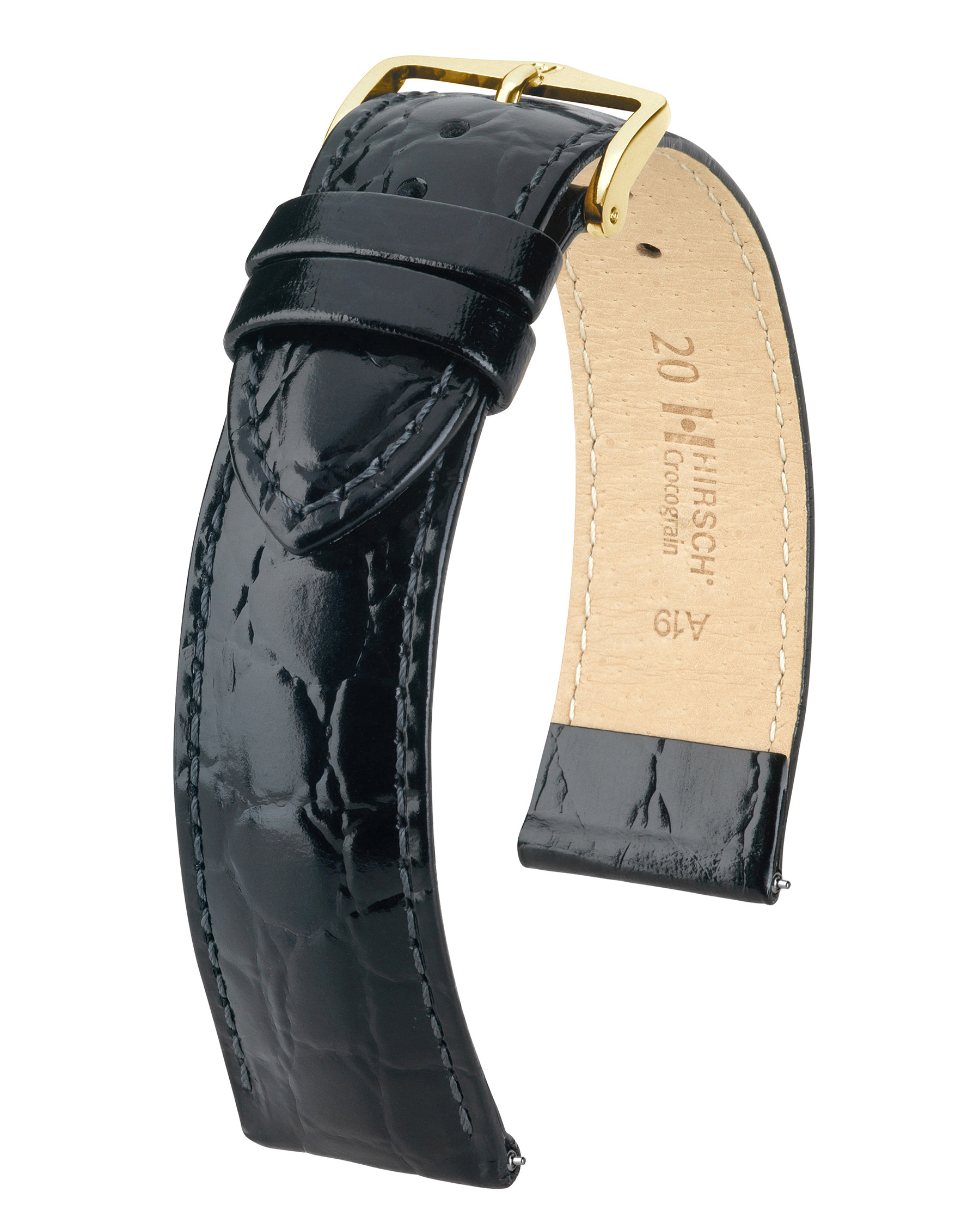 HIRSCH CROCOGRAIN M NQR BLACK CALF 20/18MM 12302850NQ-1-20.
De specificaties zijn als volgt:
Bandbreedte: 20