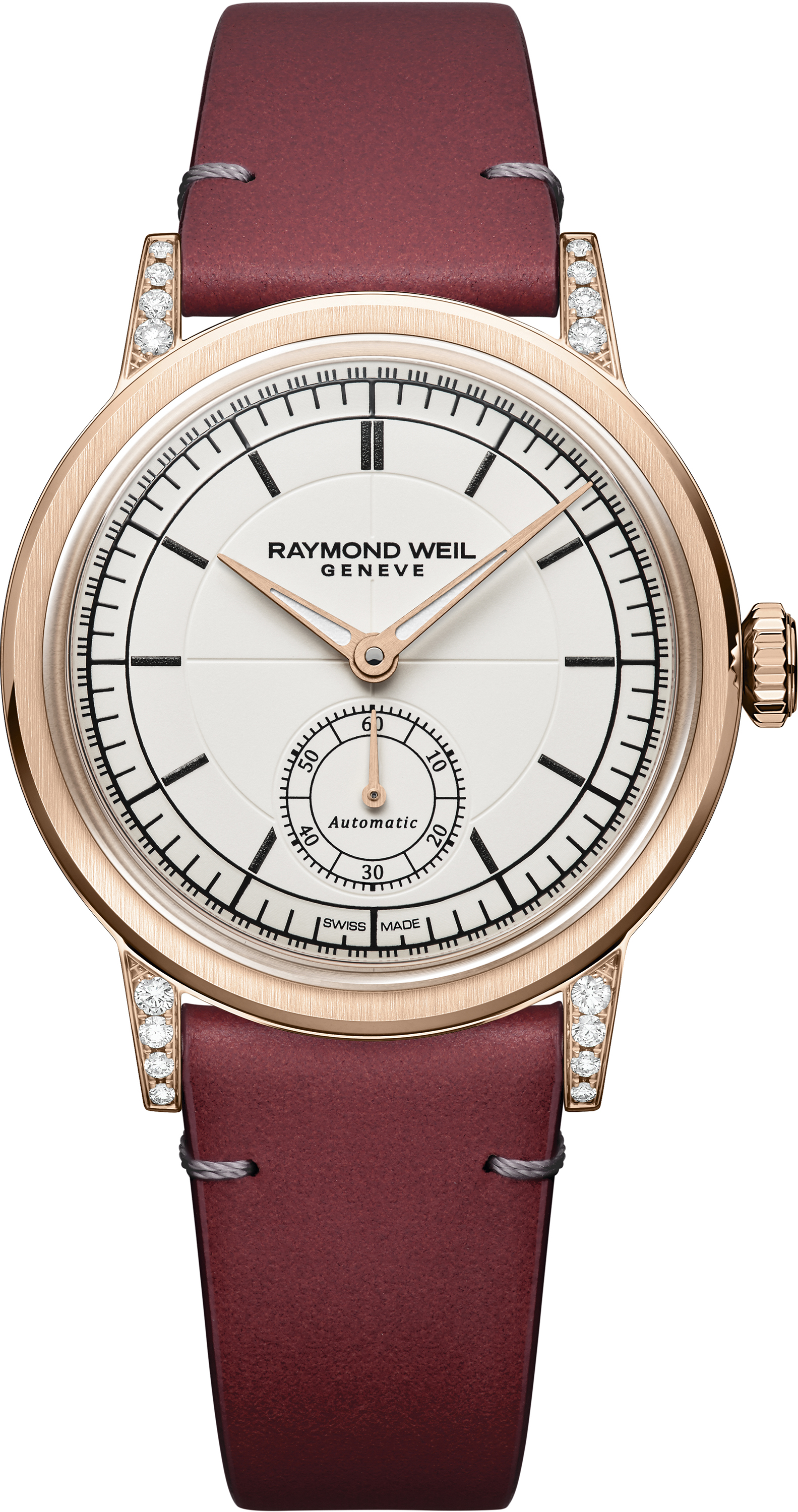 De RAYMOND WEIL Millesime Automatic Dameshorloge. Minimalistisch maar sierlijk. met hde stevige doch subtiele rood lederen band en de prachtig vormgegeven ros&eacute; kast straal jij op iedere gelegenheid een vrouw met klasse uit. aan de aanzetkant zijn op elk pootje briljant geslepen diamanten(LG) gezet. 
Benieuwd naar meer specs? lees dan de uitgebreidere omschrijving hieronder.