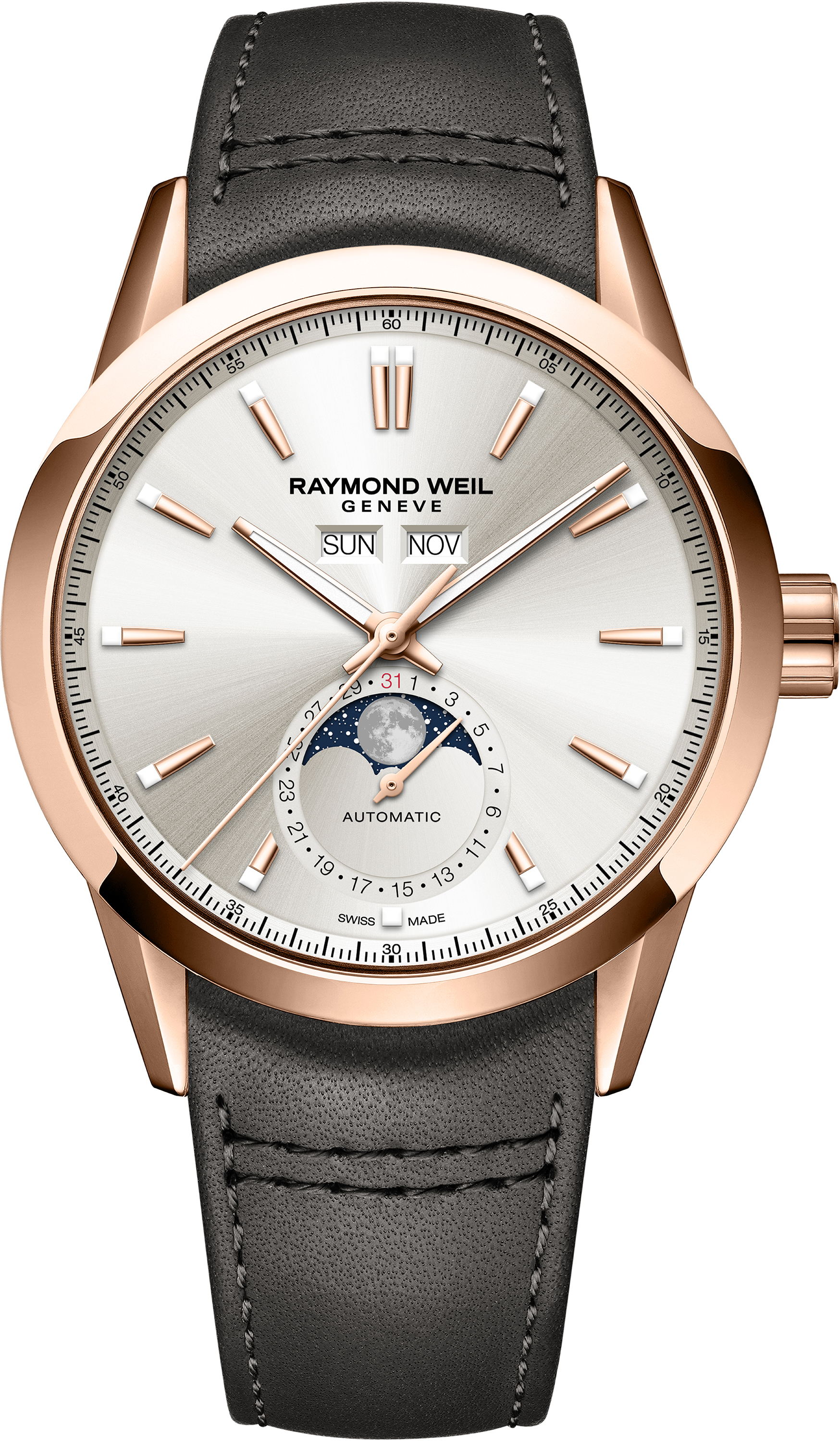 Dit is een horloge van het merk Raymond Weil gemaakt voor heren.
De specificaties zijn als volgt:
Kastmaat: 40 mm
Kastdikte: 10mm
Waterdichtheid: 10 ATM / 100 Meter / 330 Feet
Dit horloge heeft de volgende functies/eigenschappen:
Datumaanduiding
Dagaanduiding
Maandaanduiding
Maanfase