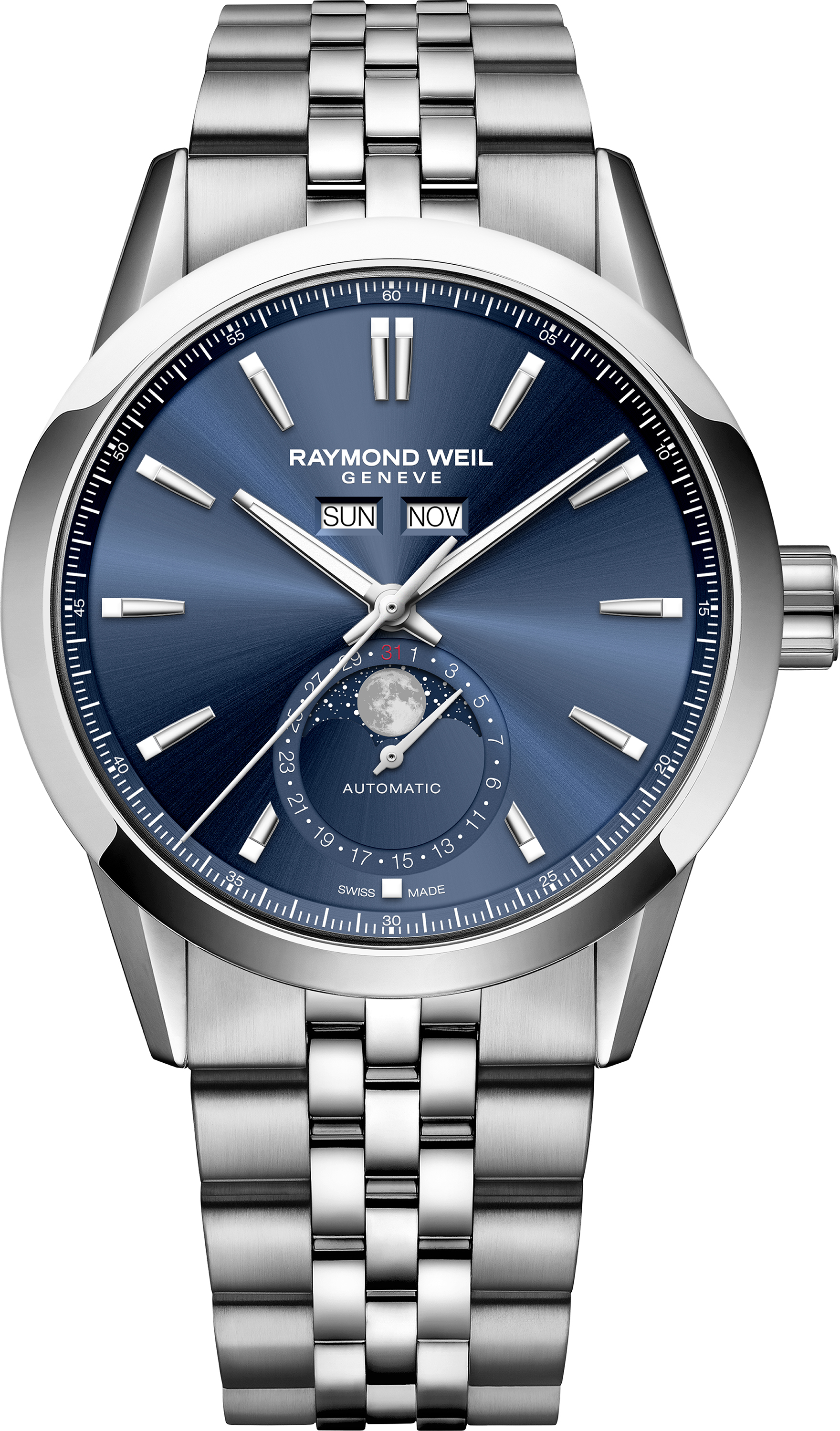 Dit is een horloge van het merk Raymond Weil gemaakt voor heren.
De specificaties zijn als volgt:
Kastmaat: 40 mm
Kastdikte: 10mm
Waterdichtheid: 10 ATM / 100 Meter / 330 Feet
Dit horloge heeft de volgende functies/eigenschappen:
Datumaanduiding
Dagaanduiding
Maandaanduiding
Maanfase
