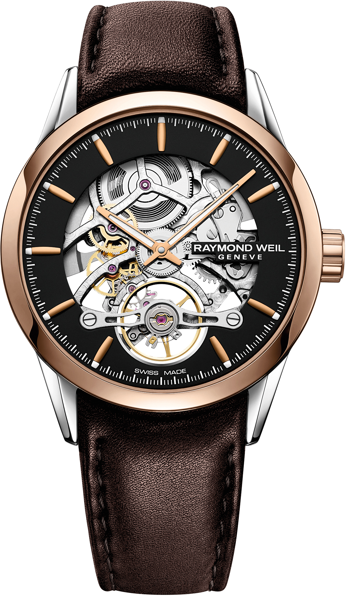 De Raymond Weil Freelancer Skeleton RW1212 2785-BC5-20001 is een fenomenaal horloge met een skeleton wijzerplaat waardoor u het uurwerk kunt zien tikken. Over het uurwerk gesproken, onder de motorkap vind u een Swiss Made mechanisch (automatisch) in-house uurwerk, de Raymond Weil Cal. RW1212. Het uurwerk zit in een 42mm roestvrijstalen kast met rose gouden PVD coating met een prachtige zwarte skeletonized wijzerplaat.