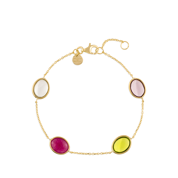 Dit is een armband van het merk Italo Bottene in goud 18 kgemaakt voor dames.
Met prasiolite , fuxia jade , peridoot en rhodolite 