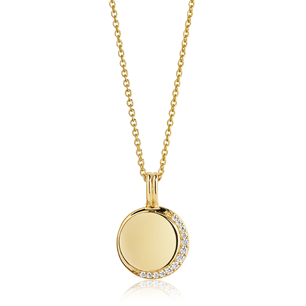 Sif Jakobs zilver verguld collier met ronde hanger met zirkonia. Hanger is te personaliseren door middel van een gravure. 