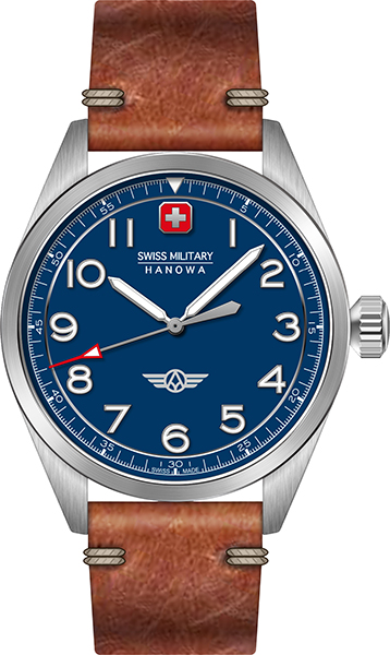 Dit Swiss Military herenhorloge, heeft een ronde zilverkleurige roestvrijstalen kast van 42 mm, saffierglas, een blauwe wijzerplaat, en een bruine leren band. Het horloge heeft een waterdichtheidsniveau van 10 ATM en quartz uurwerk. Het is ideaal voor dagelijks gebruik en formele gelegenheden. Draag het met zakelijke of casual outfits voor een tijdloze look.