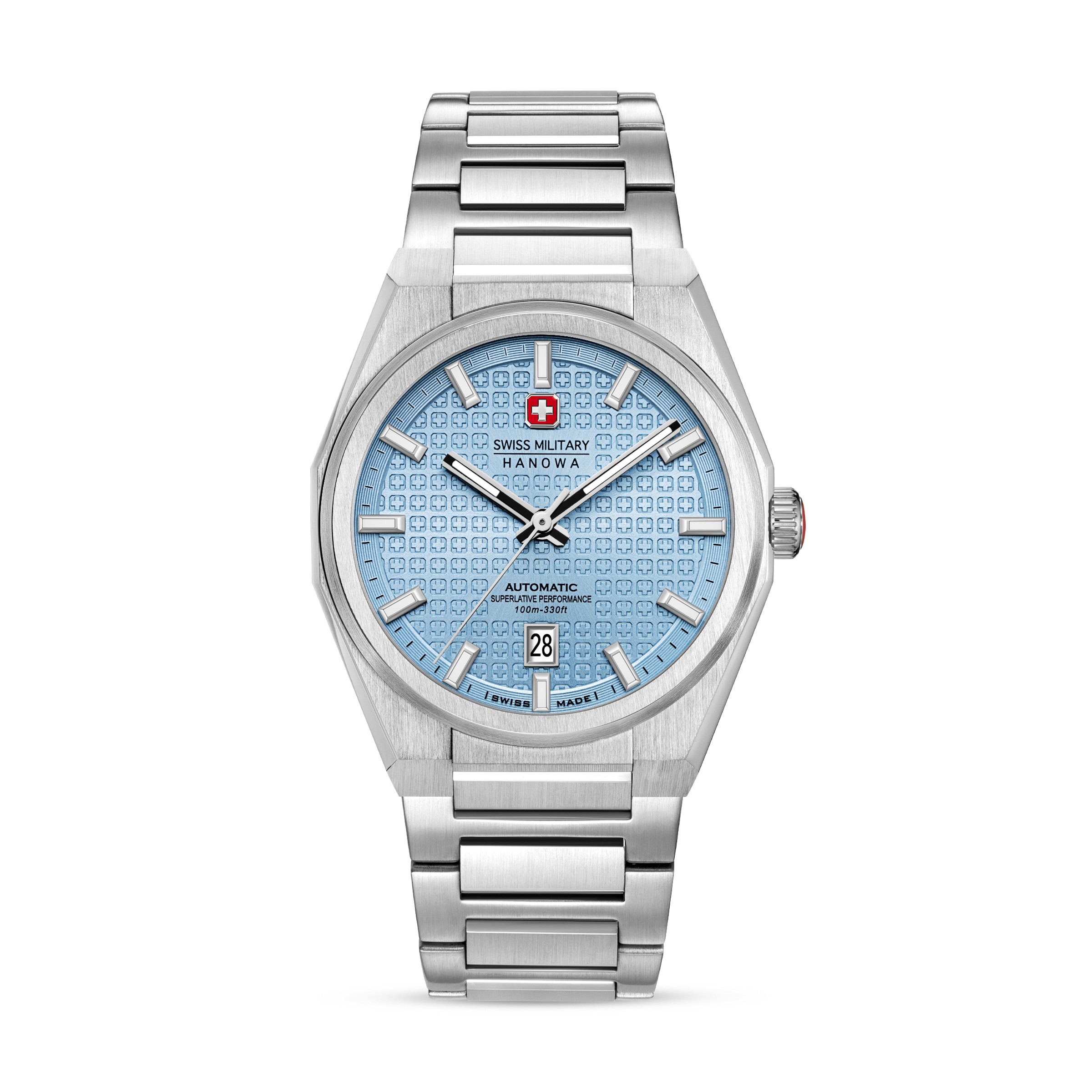 Het Swiss Military herenhorloge heeft een zilverkleurige roestvrijstalen kast en band, saffierglas, automatische beweging en is tot 10 ATM waterdicht. Zonder datumaanduiding, is dit polshorloge ideaal voor dagelijks gebruik of formele gelegenheden. Draag hem met zowel casual als zakelijke outfits voor een stijlvolle uitstraling.