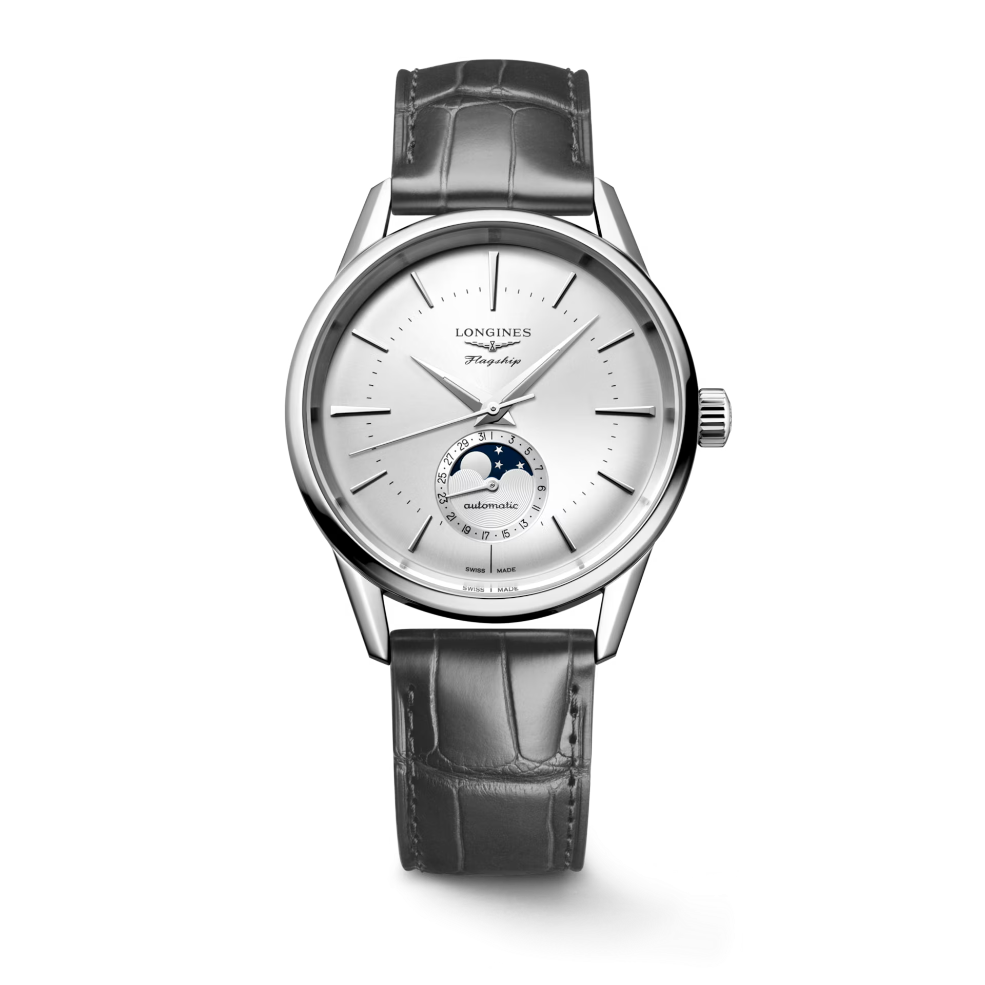Een heren polshorloge Longines model Flagship heritage met grijze leren band
