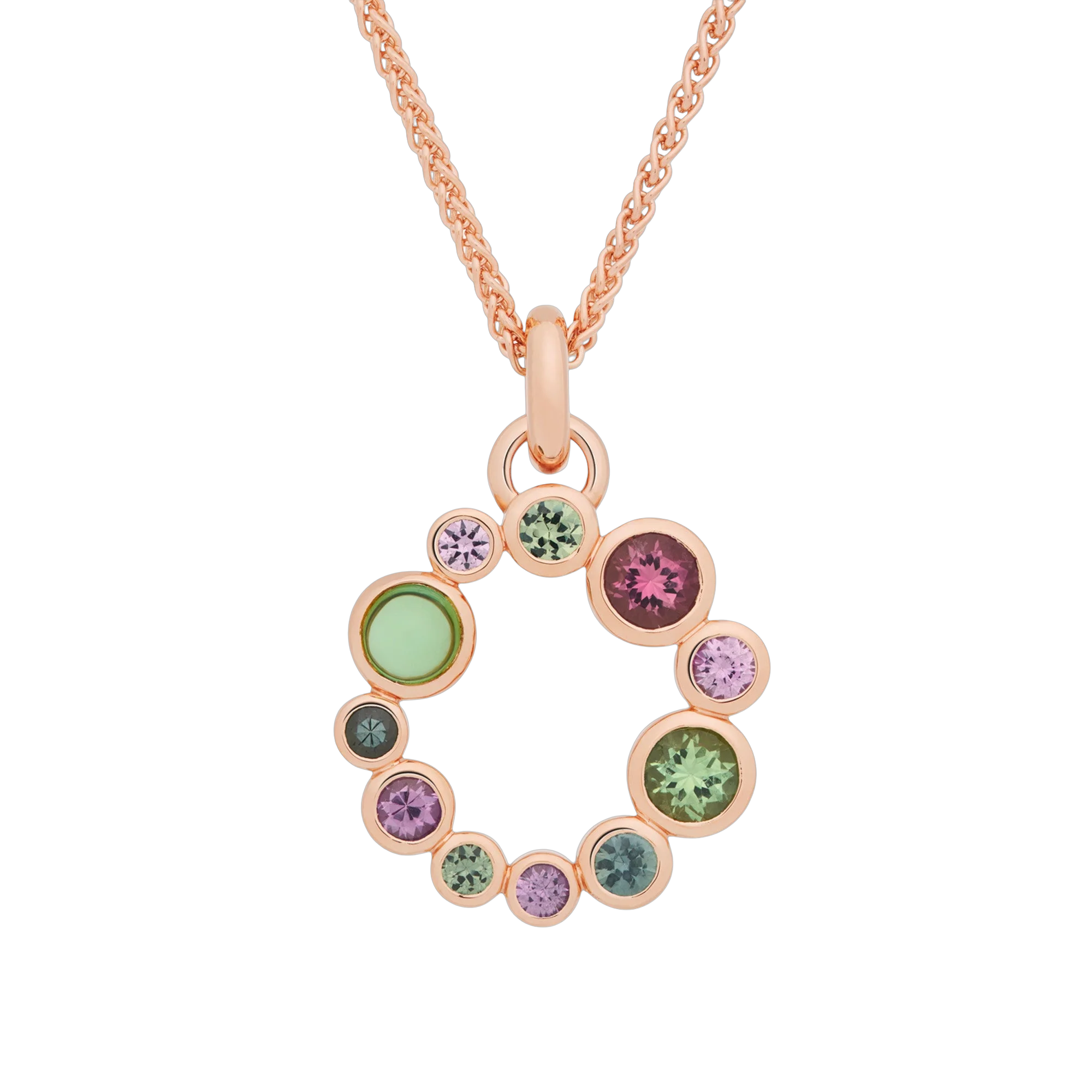 Deze Confetti hanger van Bron is gemaakt van achttien karaats ros&eacute;goud en bevat een mix van saffieren en toermalijnen voor een kleurrijke en feestelijke uitstraling. Het referentienummer van dit sieraad is 8HR3437MKMT/1.