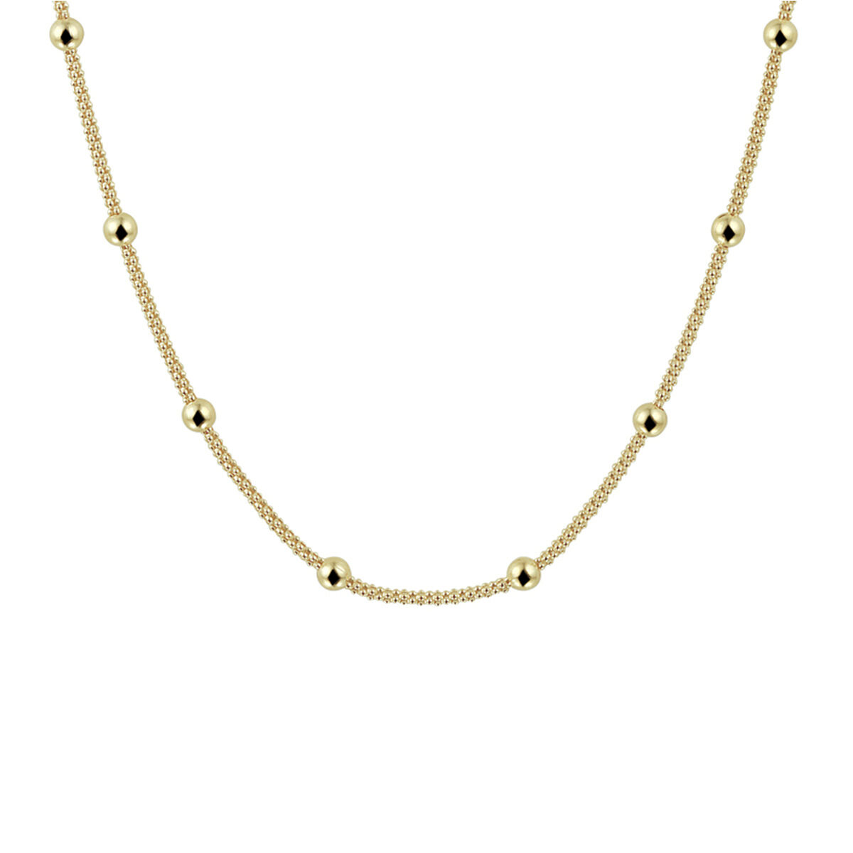 Trendy verguld op zilveren collier met een draaglengte van 40cm en een extensie van 4cm. Minimalistisch design uitgevoerd met bolletjes van 3mm voor een exclusieve uitstraling. Geen garantie op plating.