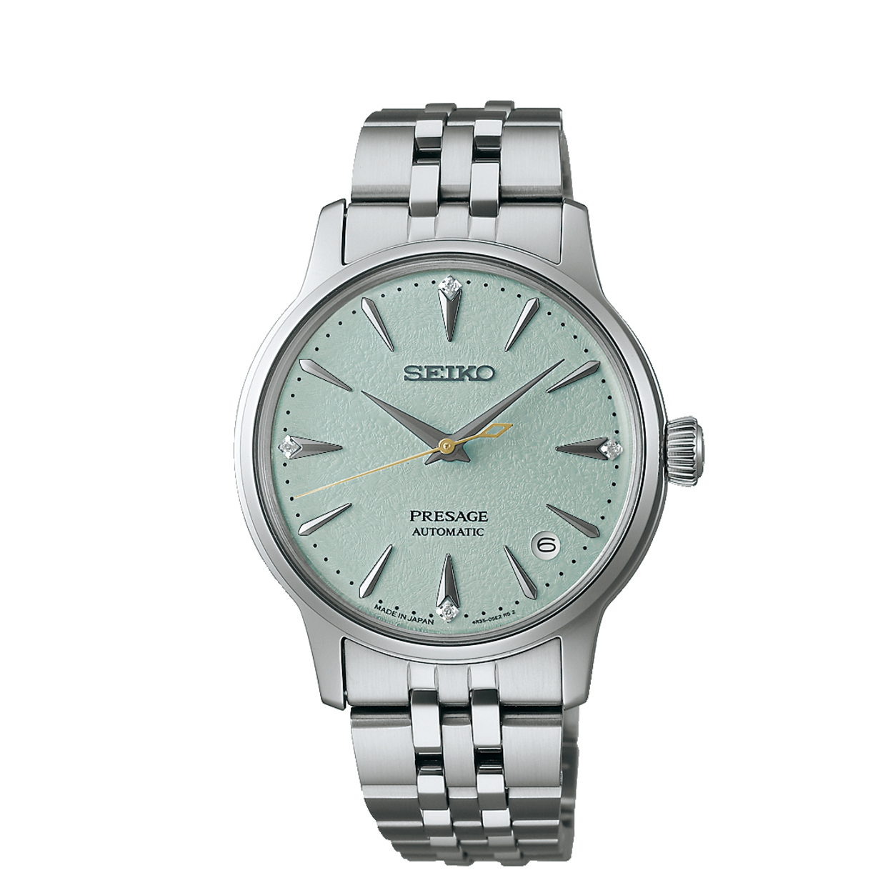 Dit is een dameshorloge van het merk Seiko met een automatisch uurwerk.
De diameter van de kast is 34 mm en de kast is 10.69 mm dik.

De verdere specificaties van het horloge zijn als volgt:
Kastvorm: rond
Kastkleur: zilverkleurig
Kastmateriaal: staal
Bandbreedte: 14 mm
Bandlengte: 234 mm
Sluiting: dubbele klapsluiting
Wijzerplaatkleur: groen
Glassoort: hardlex mineraal glas
Waterdichtheid: 5 ATM
Techniek: automaat

Het 4R35 Seiko kaliber met datumweergave is een mechanisch kaliber. Het horloge laadt zich tijdens het dragen automatisch op door het omzetten van de arm- en polsbewegingen van de drager in energie. Beweging van het horloge zorgt ervoor dat de hoofdveer van het horloge wordt opgewonden. Deze veer is de energiebron. Handopwinding is ook mogelijk. Wanneer het horloge volledig is opgeladen heeft het horloge een energiereserve van ca. 41 uur. Het tikgetal van deze automaat is 21.600 per uur en het horloge heeft 23 jewels. Het 4R kaliber wordt volledig in-house vervaardigd.