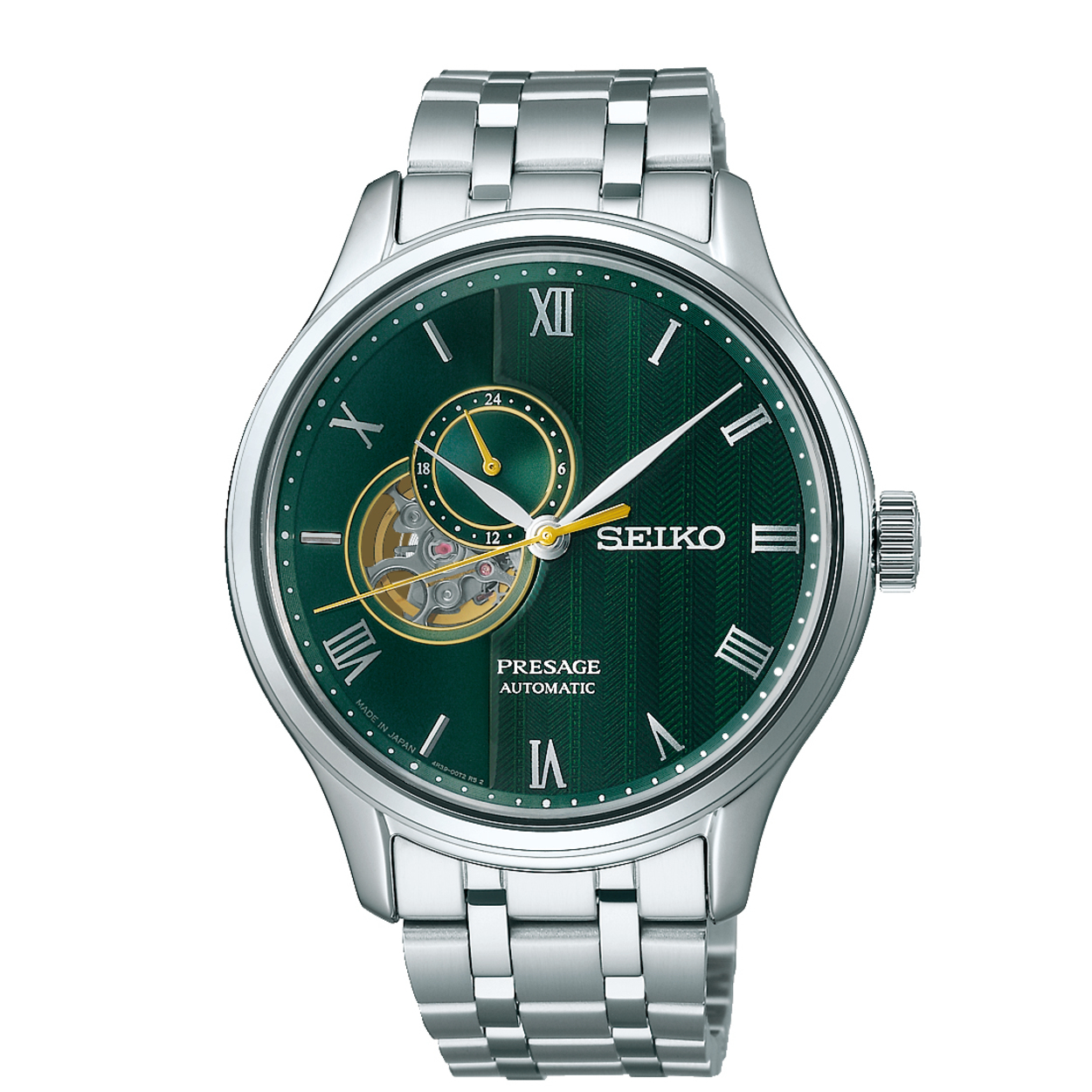 Dit is een herenhorloge van het merk Seiko. Het is een analoog horloge gemaakt van staal. De diameter van de kast is 41.8 mm en de kast is 12.5 mm dik.
De verdere specificaties van het horloge zijn als volgt:
Kastvorm: rond
Kastkleur: zilverkleurig
Kastmateriaal: staal
Bandbreedte: 20 mm
Bandlengte: 256.8 mm
Sluiting: vouwsluiting met drukker
Wijzerplaatkleur: groen
Glassoort: saffier glas
Techniek: automaat