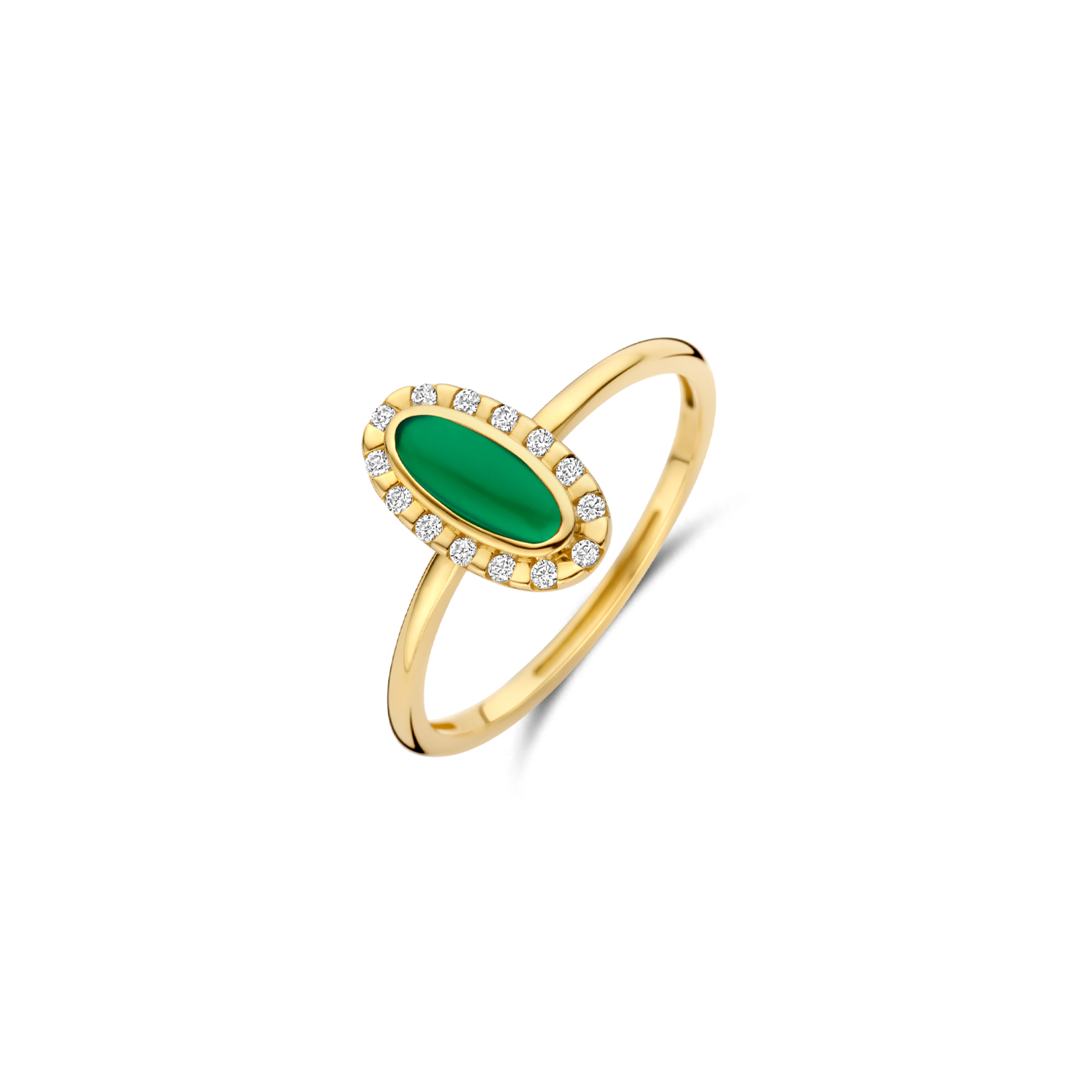 Deze stijlvolle en toch speelse 14k geelgouden ring heeft een prachtige groene agaat in het midden. Deze wordt omringd door zirkonia&rsquo;s in fantasie-omzetting. De band heeft een doorsnede van 2,1 mm.

Deze prachtige ring is gemaakt van 14-karaats geelgoud en heeft een elegant ontwerp. Met een ringmaat van 54 en een gewicht van 1,4 gram is het een verfijnde keuze voor elke gelegenheid. Draag hem solo voor een subtiele look of combineer met andere ringen voor een gedurfder effect. Perfect voor dagelijks gebruik.