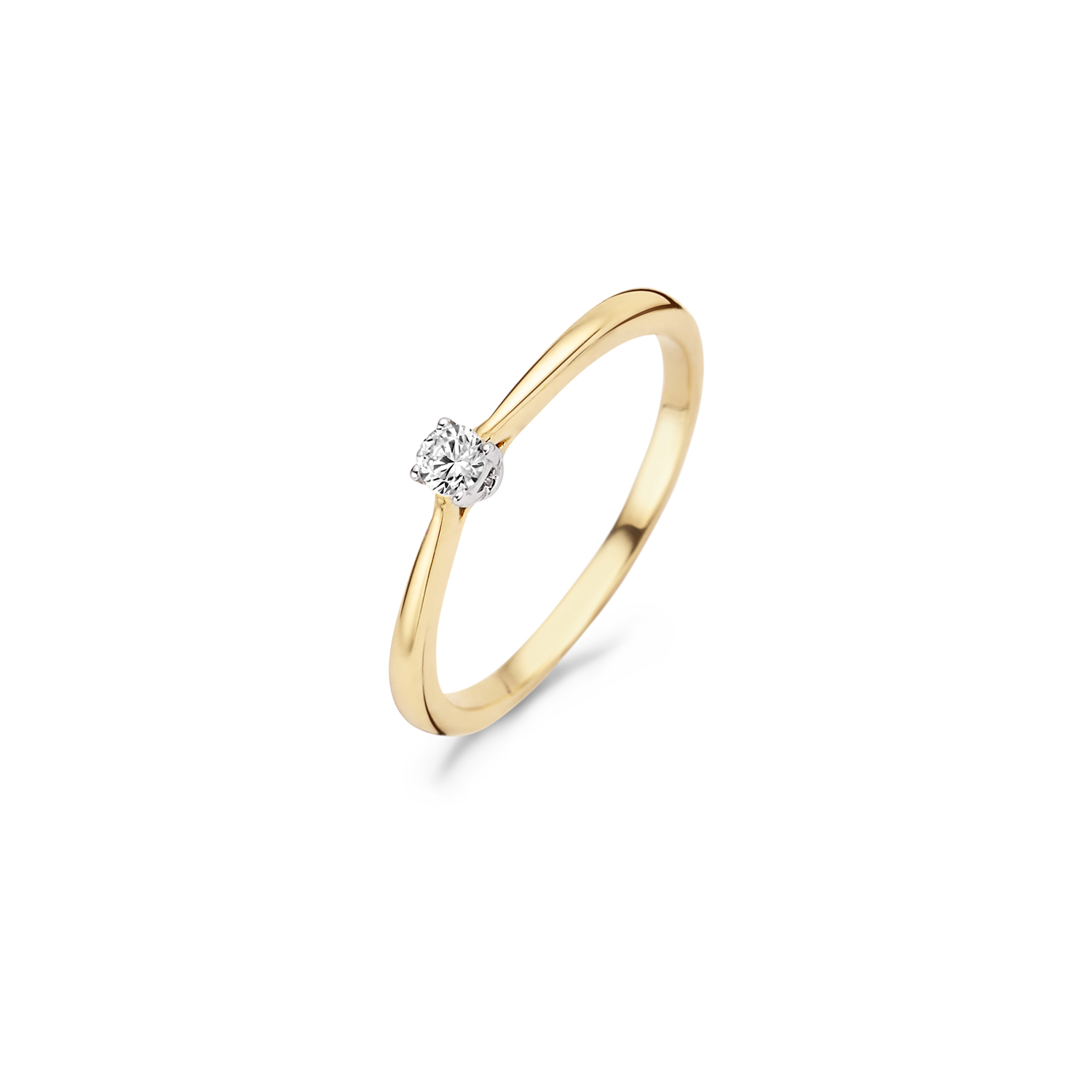 Een zirkonia in chatonzetting siert deze elegante ring van 14k wit -en geelgoud. De band is 1,8 mm breed en de steen heeft een doorsnede van 3 mm. Leuk om te mixen en matchen met andere ringen uit onze collectie.