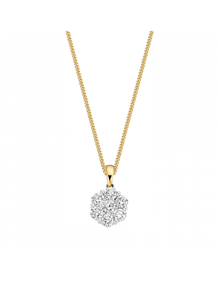 Sieraden uit de serie MONDO, hebben een elegante weelderige uitstraling. Door de in entourage gezette briljanten schitteren de sieraden prachtig. De briljanten zijn zo dicht tegen elkaar gezet dat het bijna een grote briljant lijkt MONDO bestaat uit ringen, hangers en oorsieraden. Deze hanger wordt zonder collier geleverd.