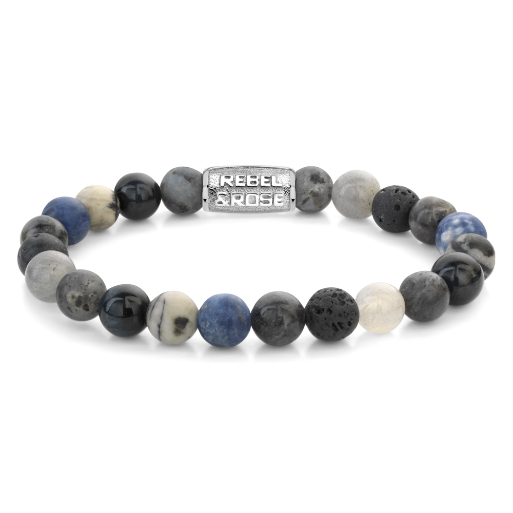 Armband van het merk Rebel & Rose. De armband heeft een hoogwaardige elastische stretch koord, met 8mm van Sodalite Blue, Black Network, Tiger Eye Blue, Larvakite Grey, Labradorite, Lava .