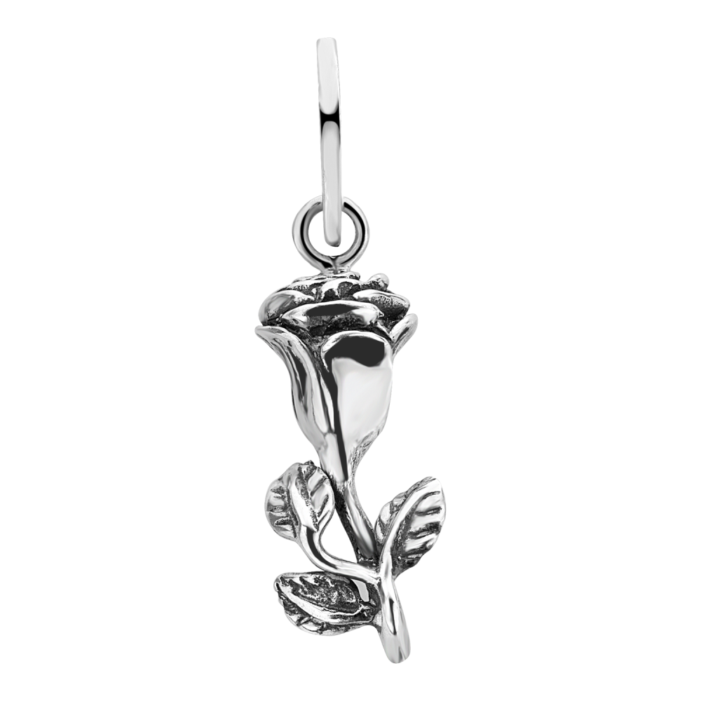 Volledig zilveren hanger in de vorm van een roos. Afmetingen: Hoogte 18,7 mm breedte 7,8 mm.