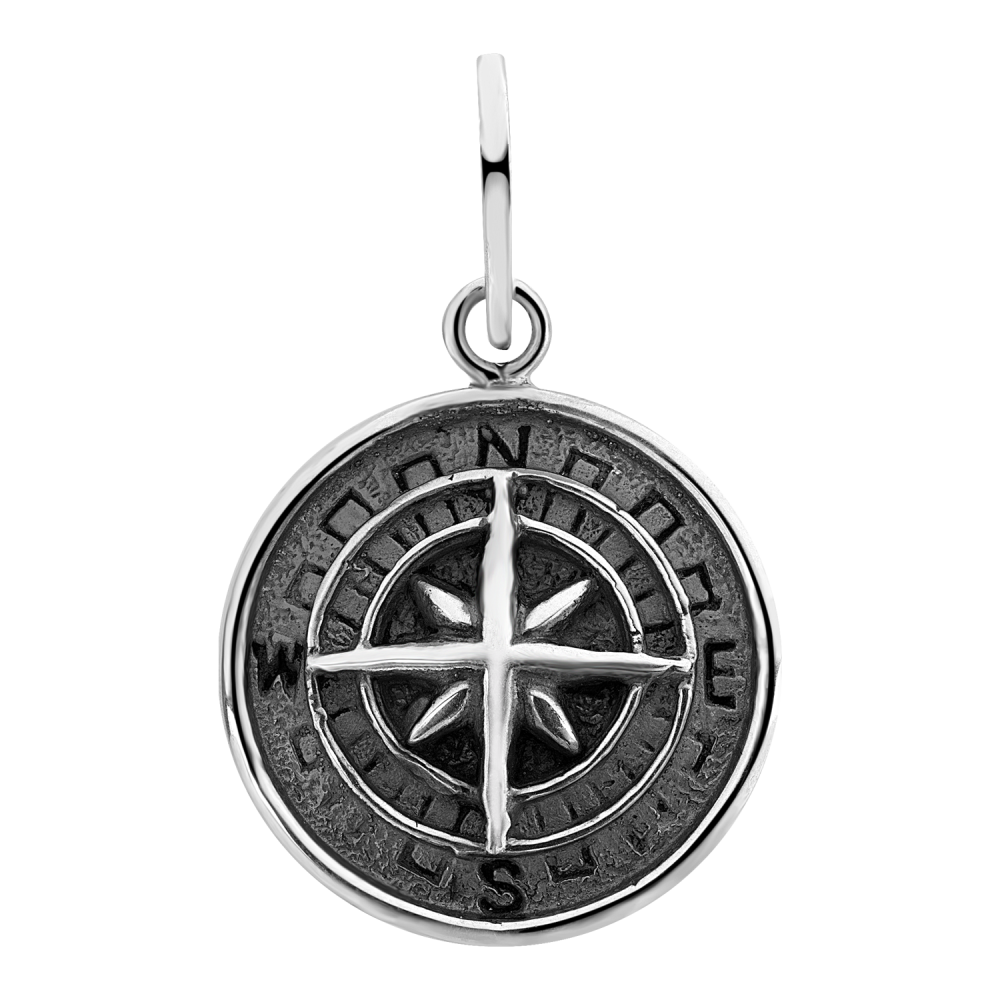 Volledig zilveren hanger in de vorm van een kompas. Diameter: 20,3 mm.