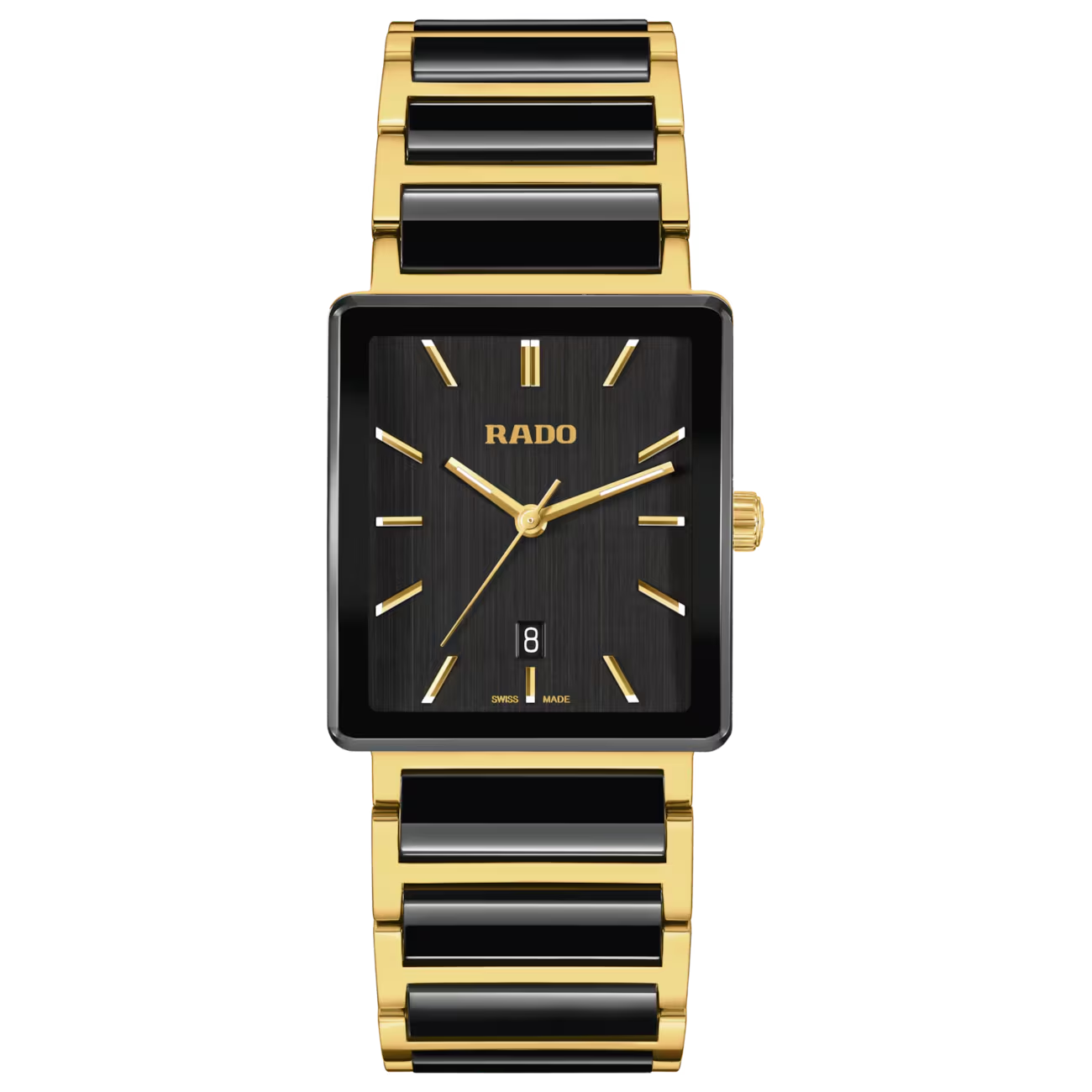 De Rado Integral Stainless Steel R20256162 horloge heeft een elegant ontwerp met een roestvrijstalen kast en band met goudkleurige PVD coating. Dit analoge horloge heeft een vierkante kast met saffierglas, een zwarte wijzerplaat met streepindexen, en een datumaanduiding. Het is nikkelvrij, antiallergisch en waterbestendig tot 5 ATM. Draag het als een stijlvol accessoire voor formele gelegenheden.