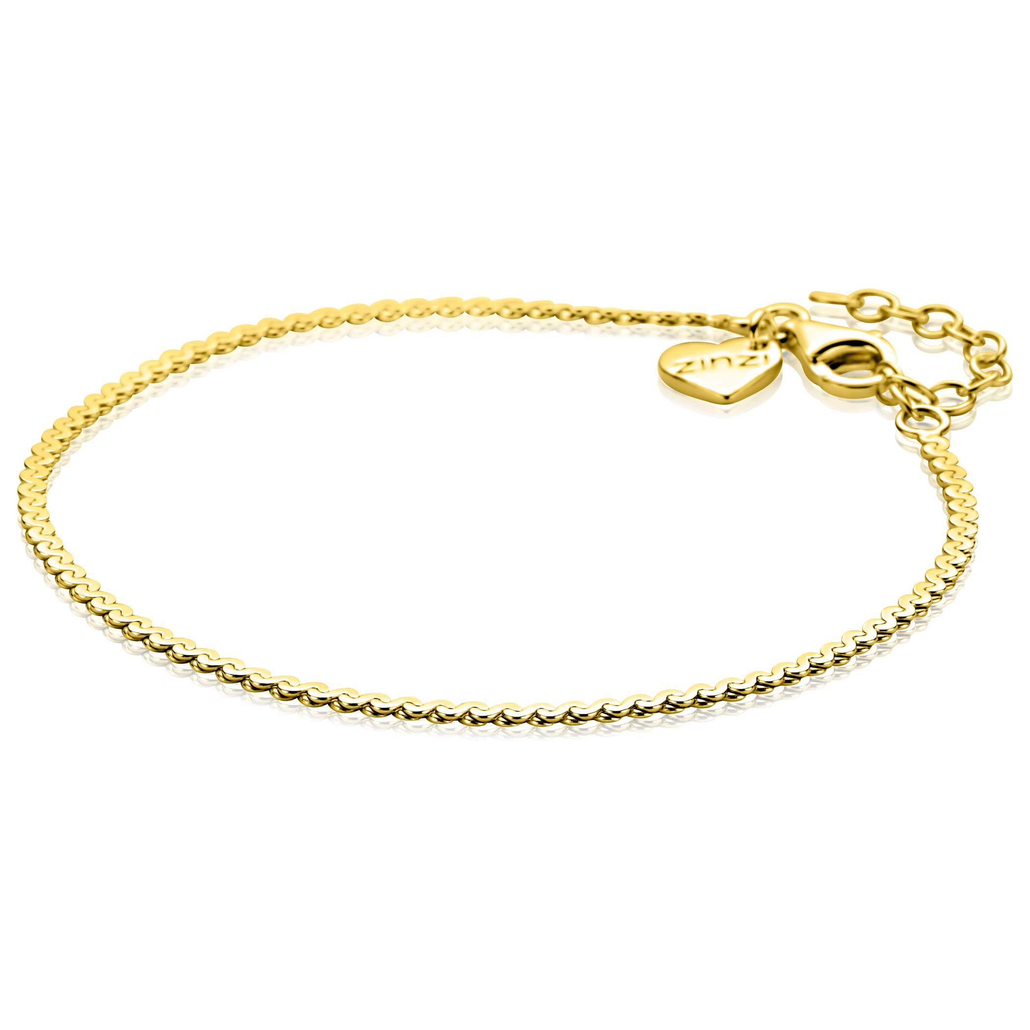 ZINZI gold plated zilveren schakelarmband met fijne gladde S schakel. Deze elegante en strakke armband past bij elke stijl en gelegenheid. De lengte is verstelbaar van 16cm tot 19cm. Vervaardigd van eerste gehalte zilver (925) en extra geel verguld.