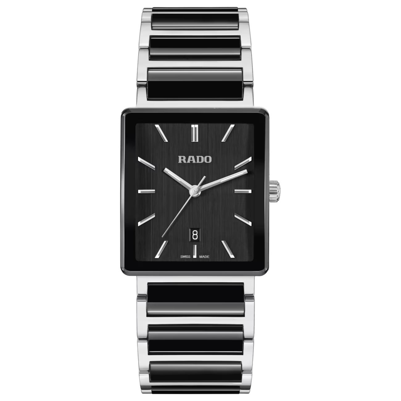 De Rado Integral R20255162 is een elegante polshorloge met een zilverkleurige roestvrijstalen band met zwarte High Tech Ceramic midden schakels en zwarte vierkante kast. Het beschikt over een analoge weergave, saffierglas, en quartz Zwitserse beweging. Met datumfunctie, is hij nikkelvrij en anti-allergisch. Draag deze tijdloze klassieker bij formele of casual gelegenheden voor een verfijnde uitstraling. Waterbestendig tot 5 bar.