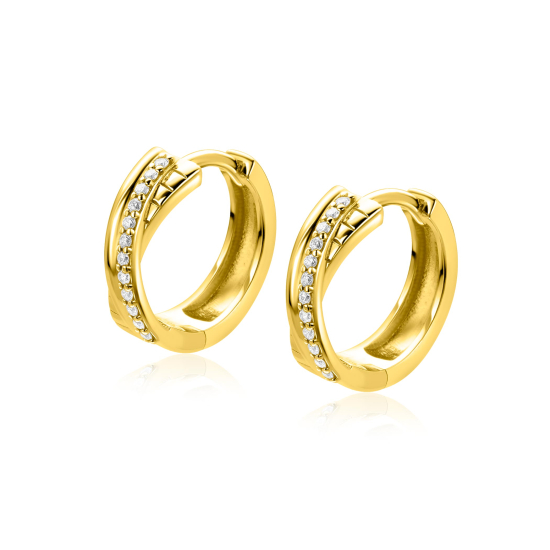 ZINZI goldplated zilveren cross-over oorringen (16,5 x 5mm), bezet met witte zirkonia's. De oorringen hebben een luxe scharniersluiting. Vervaardigd van eerste gehalte zilver (925) en extra geel verguld.