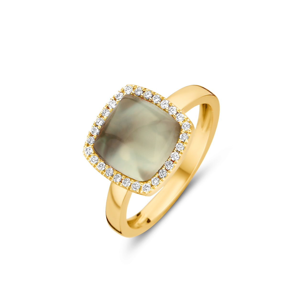 Ring one more Au750 Gezet met 1 prasioliet op parelmoer 3.650 ct 28 Diamant(en) briljant slijpsel 0.140 ct Vs F-G