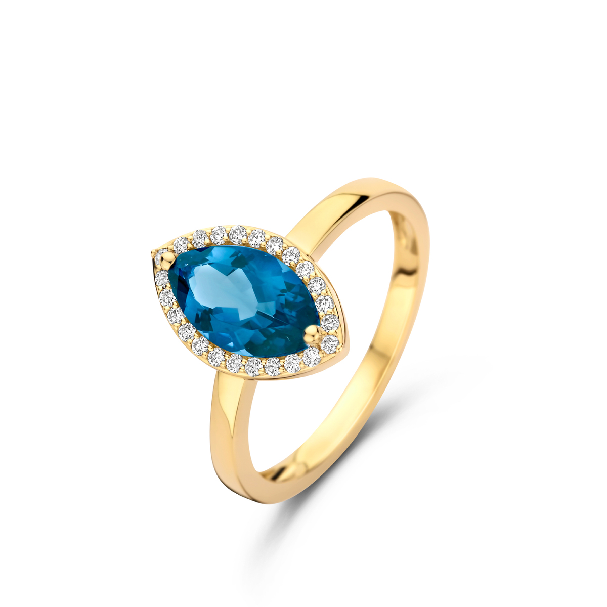 Ring one more Au750 Gezet met 24 Diamant(en) briljant slijpsel 0.140 ct Vs F-G 1 Topaas London blue 1.480 ct