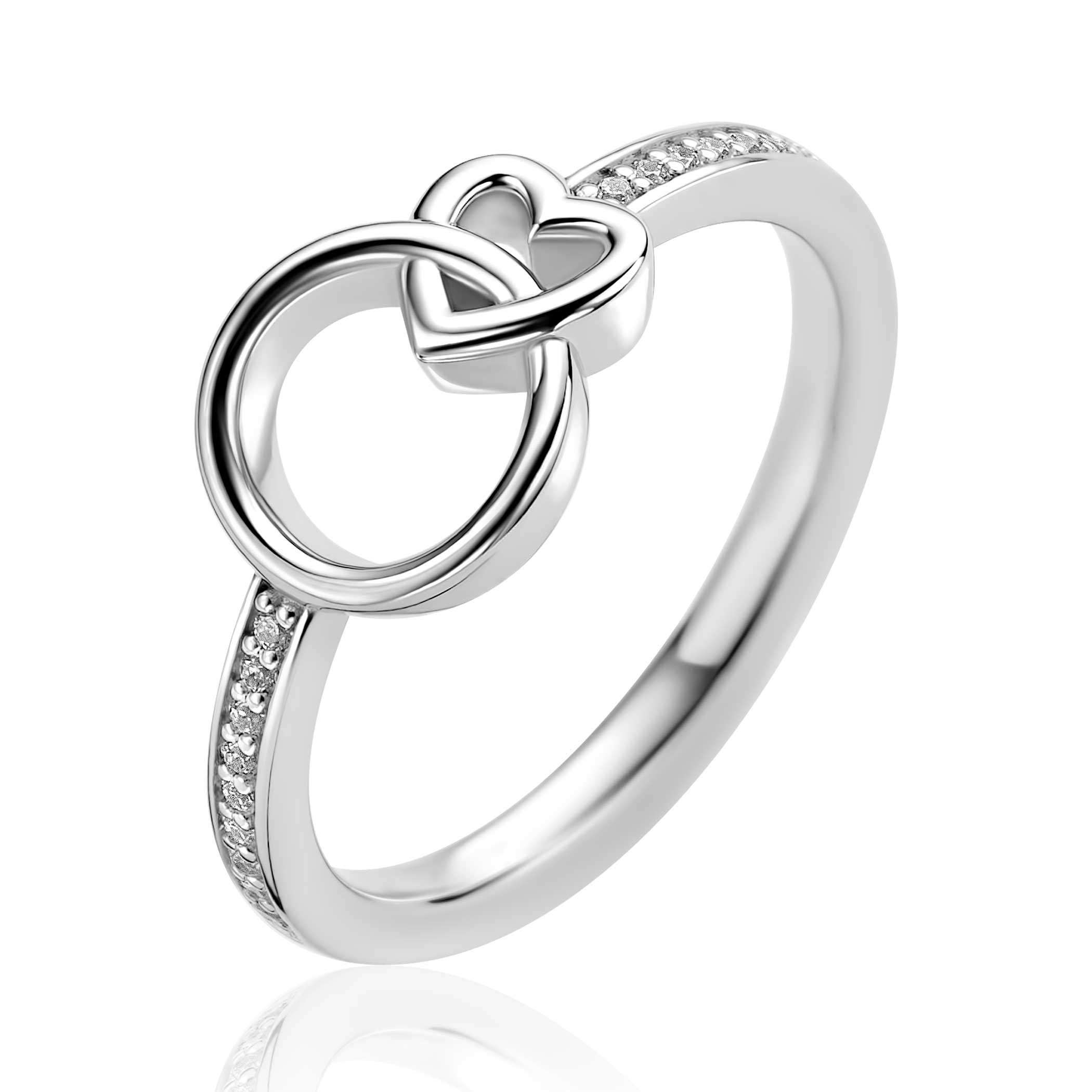 ZINZI zilveren ring met verbonden hart en rondje. De scheen is bezet met witte zirkonia's. Vervaardigd van eerste gehalte zilver (925) en met extra rodiumlaag voor een langdurige glans.