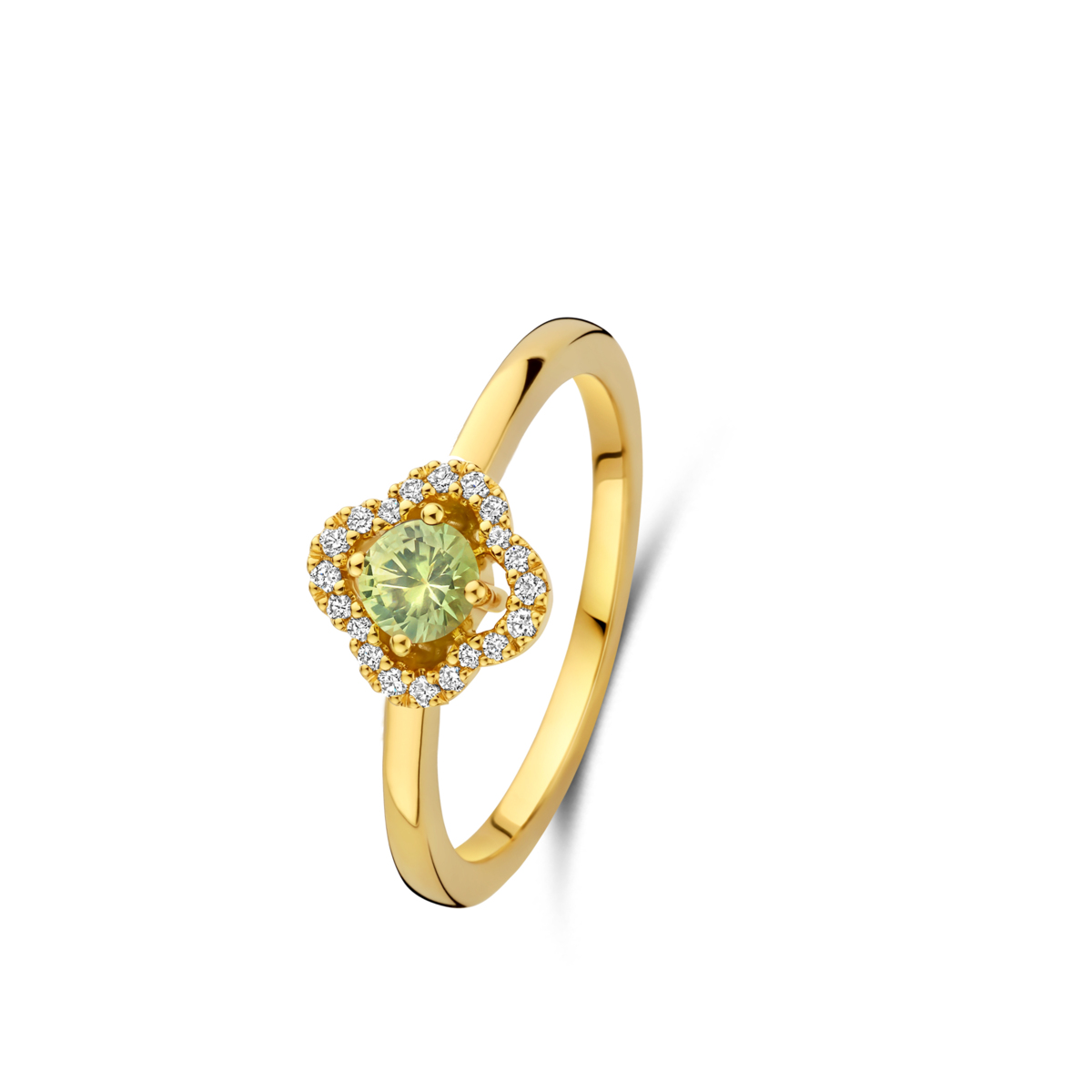 Ring one more Au750 Gezet met 20 Diamant(en) briljant slijpsel 0.100 ct Vs F-G 1 Groene saffier 0.320 ct