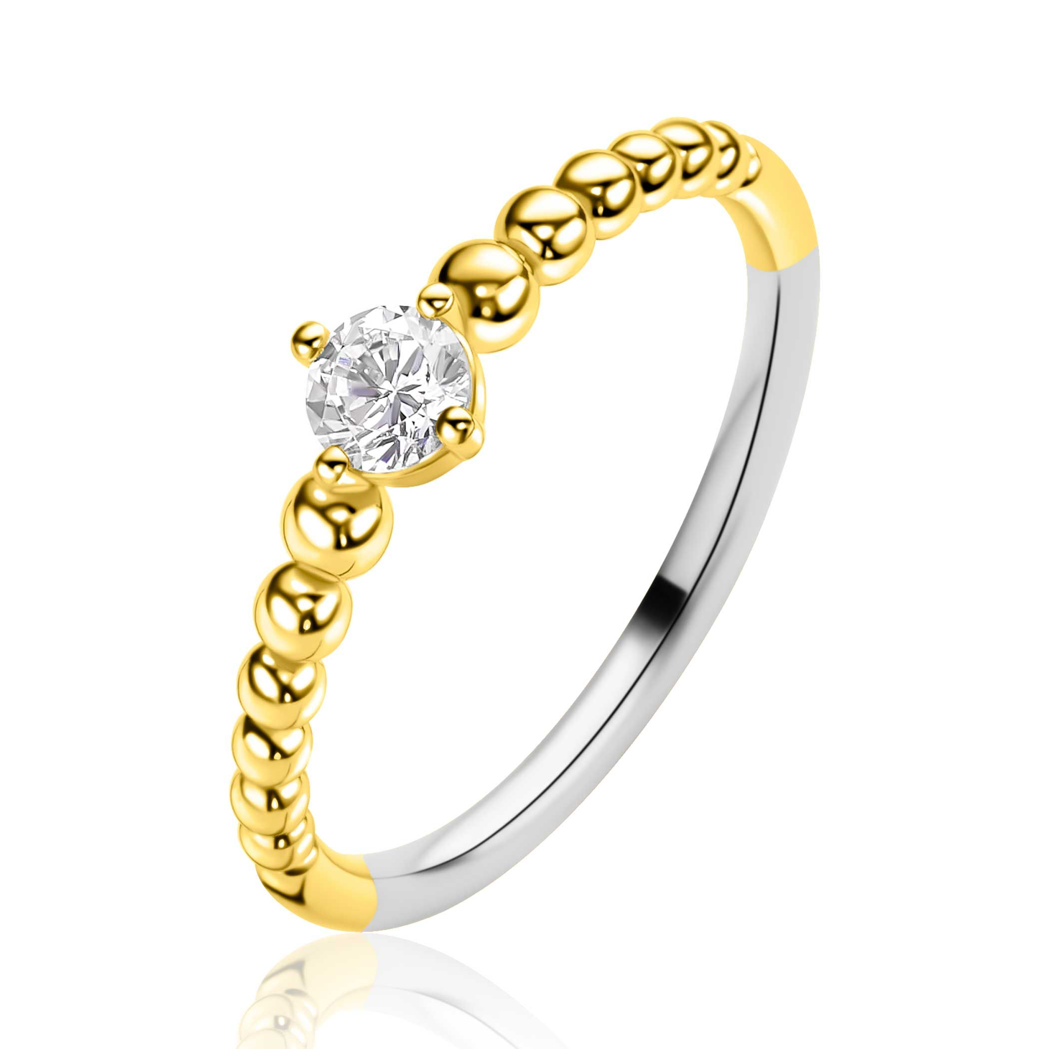 goldplated zilveren ring met bolletjes motief en ronde witte zirkonia mt.56