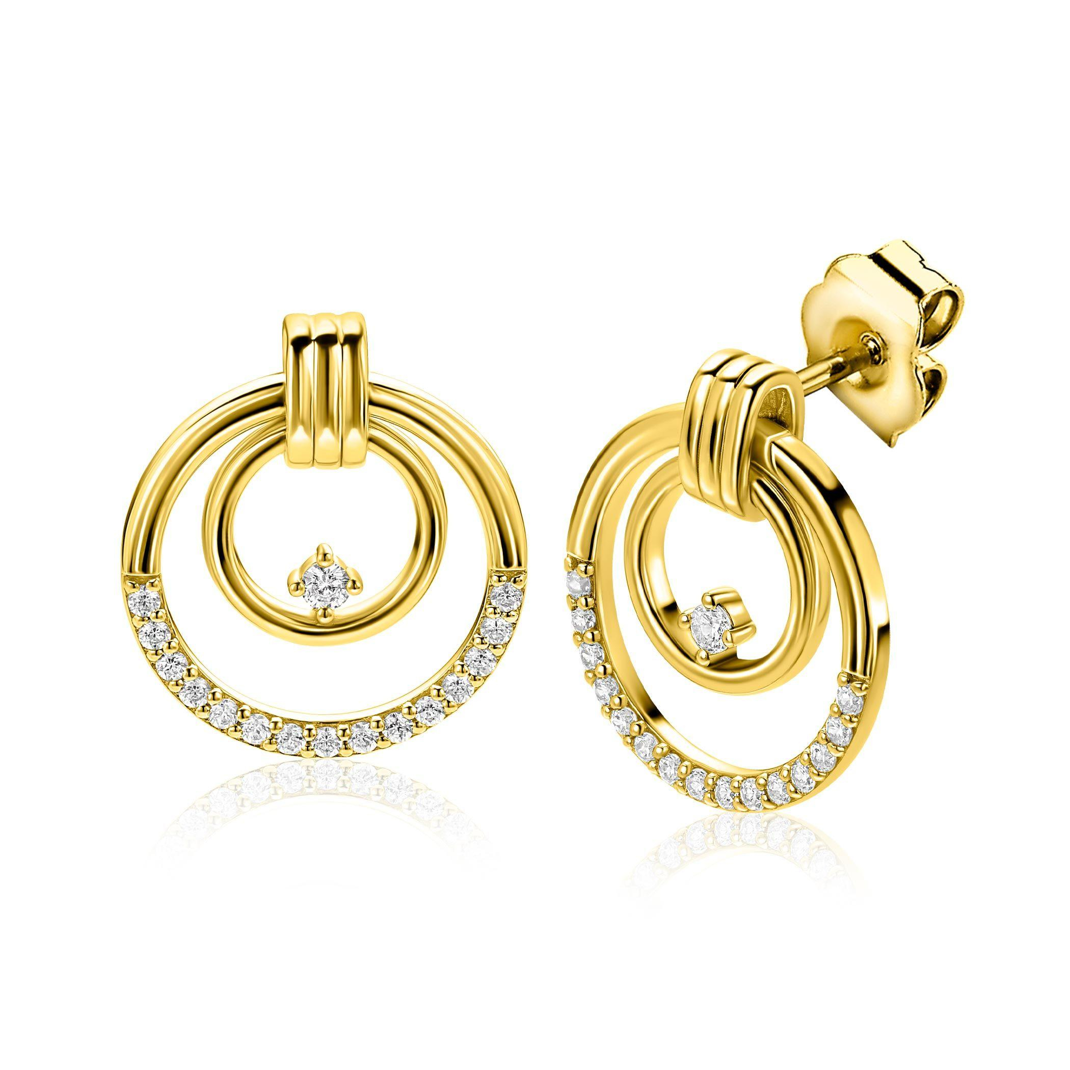 ZINZI goldplated zilveren luxe oorstekers (21mm) met elegante dubbele ronde ringen, speels bezet met witte zirkonia's. Vervaardigd van eerste gehalte zilver (925) en extra geel verguld.