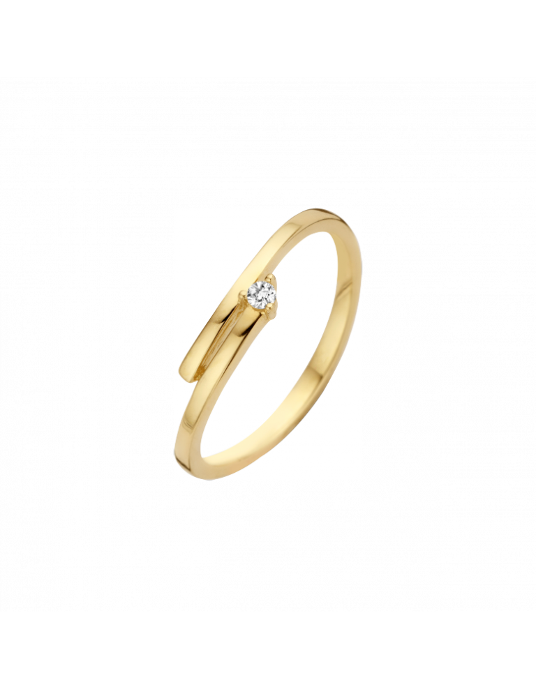 De 14 karaats geel gouden ring van model FELLA is stoer en tegelijkertijd elegant. FELLA bevat een schitterende briljant geslepen diamant van 0.03 crt. in de kwaliteit H/Si