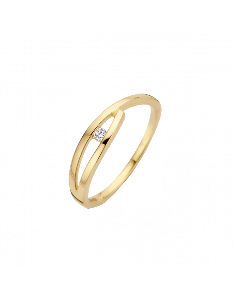 Onze geelgouden ring model SONO geeft een luchtige uitstraling door de opengewerkte uitvoering. Met een briljant geslepen diamant (kwaliteit H/Si) van 0.03 crt. is SONO een elegante stijlvolle ring.