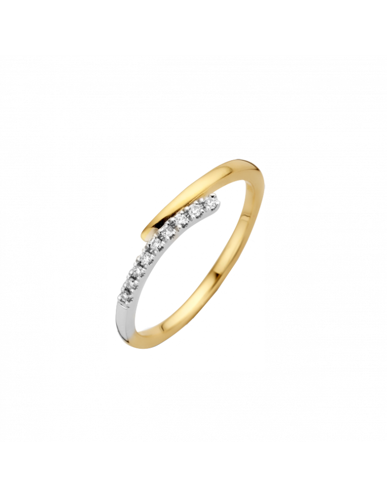 Bicolor ring Noce met 0.07crt briljant geslepen diamant in kwaliteit H/Si. Noce ring is sierlijk en schittert overvloedig. De licht gebogen vormgeving maakt NOCE uniek