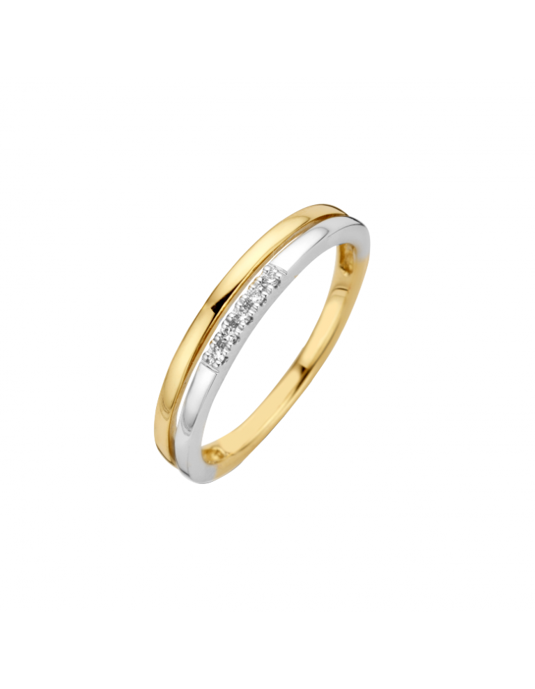 Twee kleurige Briljant ring ENZE heeft 0.04 crt briljant geslepen diamant, kwaliteit H/Si. Door de twee goud kleuren zo vorm te geven lijkt het alsof je twee ringen draagt. ENZE past bij iedereen, voor elke gelegenheid.