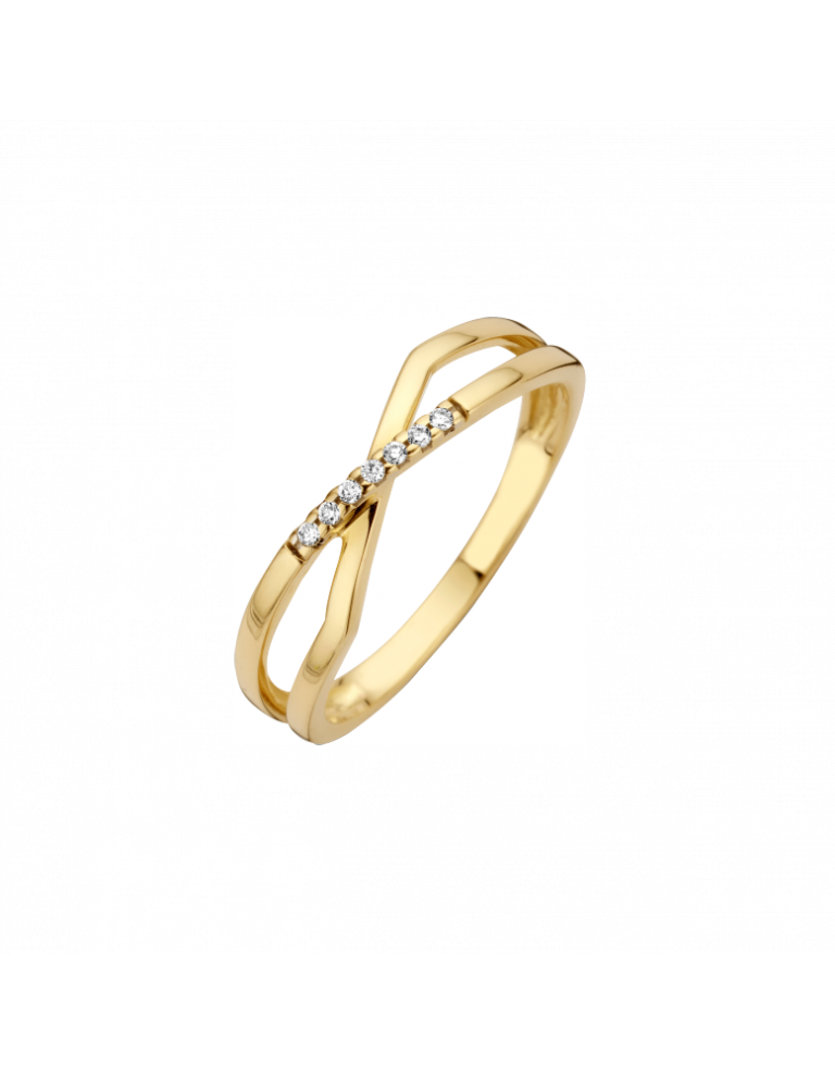 Geheel in 14 karaats geelgouden ring model DALLE bevat zeven briljant geslepen diamanten met een totaal gewicht van 0.04 crt in de kwaliteit H/Si. Door de modellering van DALLE, en de briljanten heeft dit model een rijke elegante en stoere uitstraling