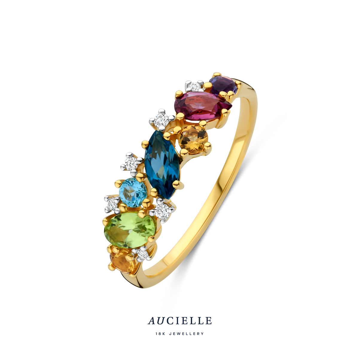 Aucielle ring goud 18k natuurlijke diamant 4p en Amethyst, Topaz, Citrine, Peridot, Rhodolite