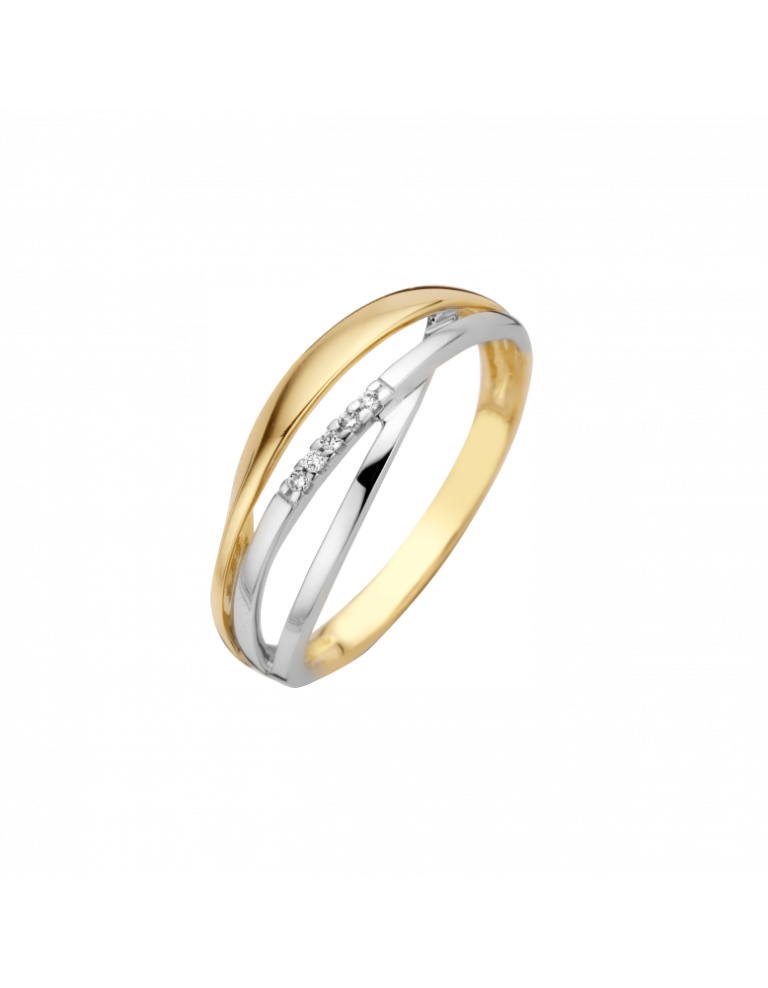 DONO wordt gewaardeerd om zijn rijke uitstraling. In twee kleuren 14 karaats goud gezet met vijf briljant geslepen diamanten met een totaal gewicht van 0.03 crt. in de kwaliteit H/Si