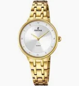 Damesuurwerk in plaque sdtaal met een metaalband in plaque. De wijzerplaat is in wit met zirkonium steentjes op
de indexen.