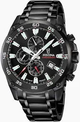 Herenuurwerk in zwart staal met zwarte metaalband. Het uurerk heeft een datum en heeft een chrono . De kroon van het uurwerk is een gevezen kroon.