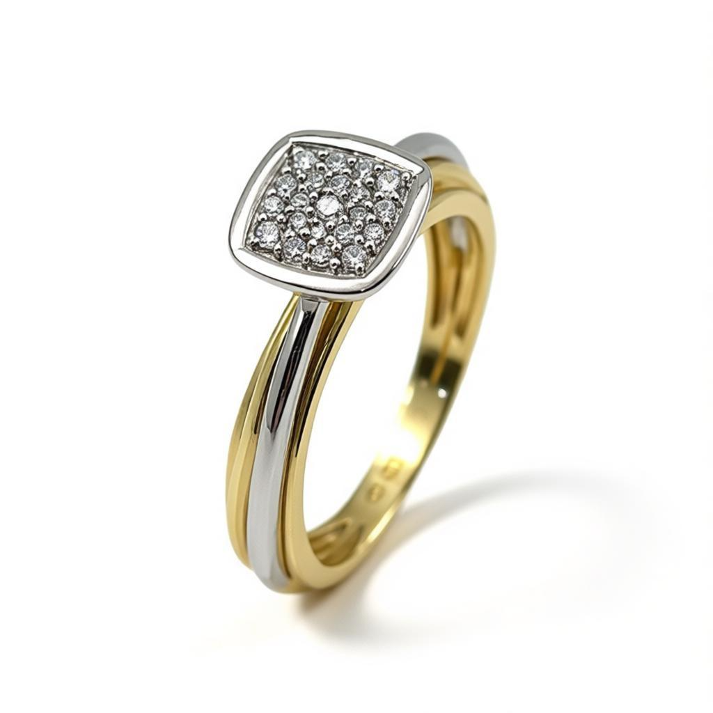 De Bi-color diamanten ring GGA2529 is een verfijnd sieraad met een diamanten subtotaal van 0,12ct en H-SI kwaliteit, gezet in 14 karaats goud. Met maat 55 is deze ring ideaal voor dagelijks gebruik of speciale gelegenheden. Draag hem solo voor een subtiele elegantie of combineer met andere sieraden voor een stijlvolle look. 