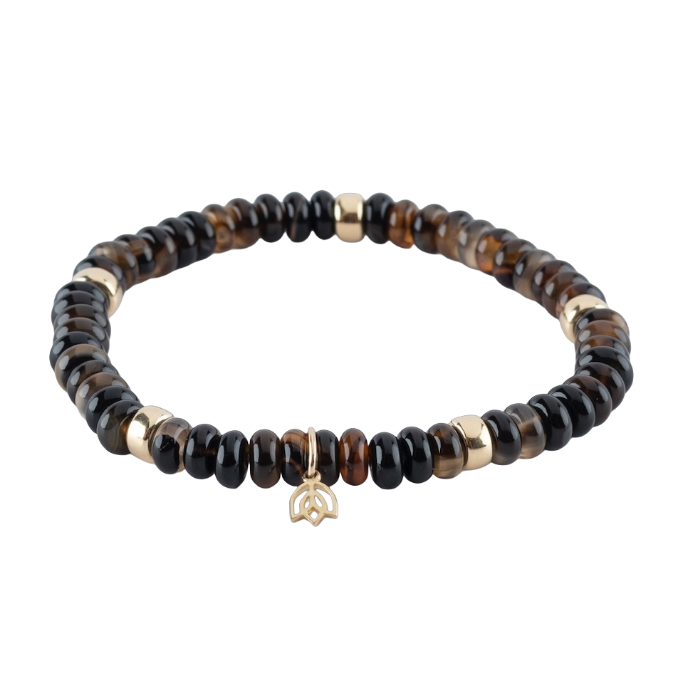 Y&G Edelsteen armband met smokey Quarts. Edelstenen armband (6x4mm kralen) en Vijf 14 krt gouden beads & tulp logo.