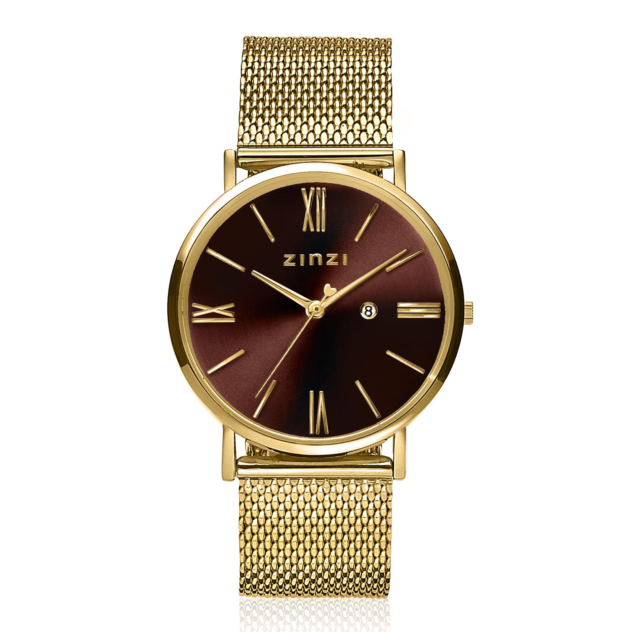 Het ZINZI Roman horloge is een maatje kleiner dan de populaire Retro watch. Met zijn geelgoudkleurige stalen kast van 34mm en bruine wijzerplaat oogt dit horloge trendy op de pols. De sierlijke romeinse cijfers geven de wijzerplaat een tijdloos karakter. Met een extra dun Japanse uurwerk met datum en mooie geelgoudkleurige stalen mesh band.