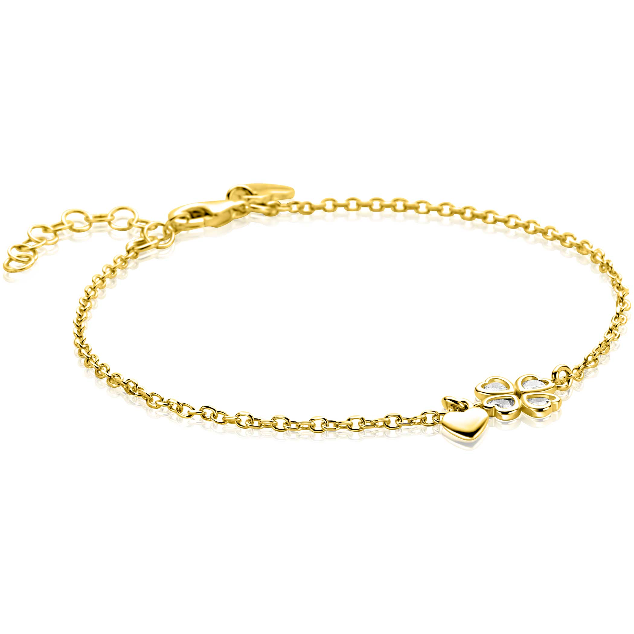ZINZI goldplated zilveren schakelarmband met klavertje vier en hartje hanger. De lengte is verstelbaar van 17cm tot 20cm. Vervaardigd van eerste gehalte zilver (925) en extra geel verguld.