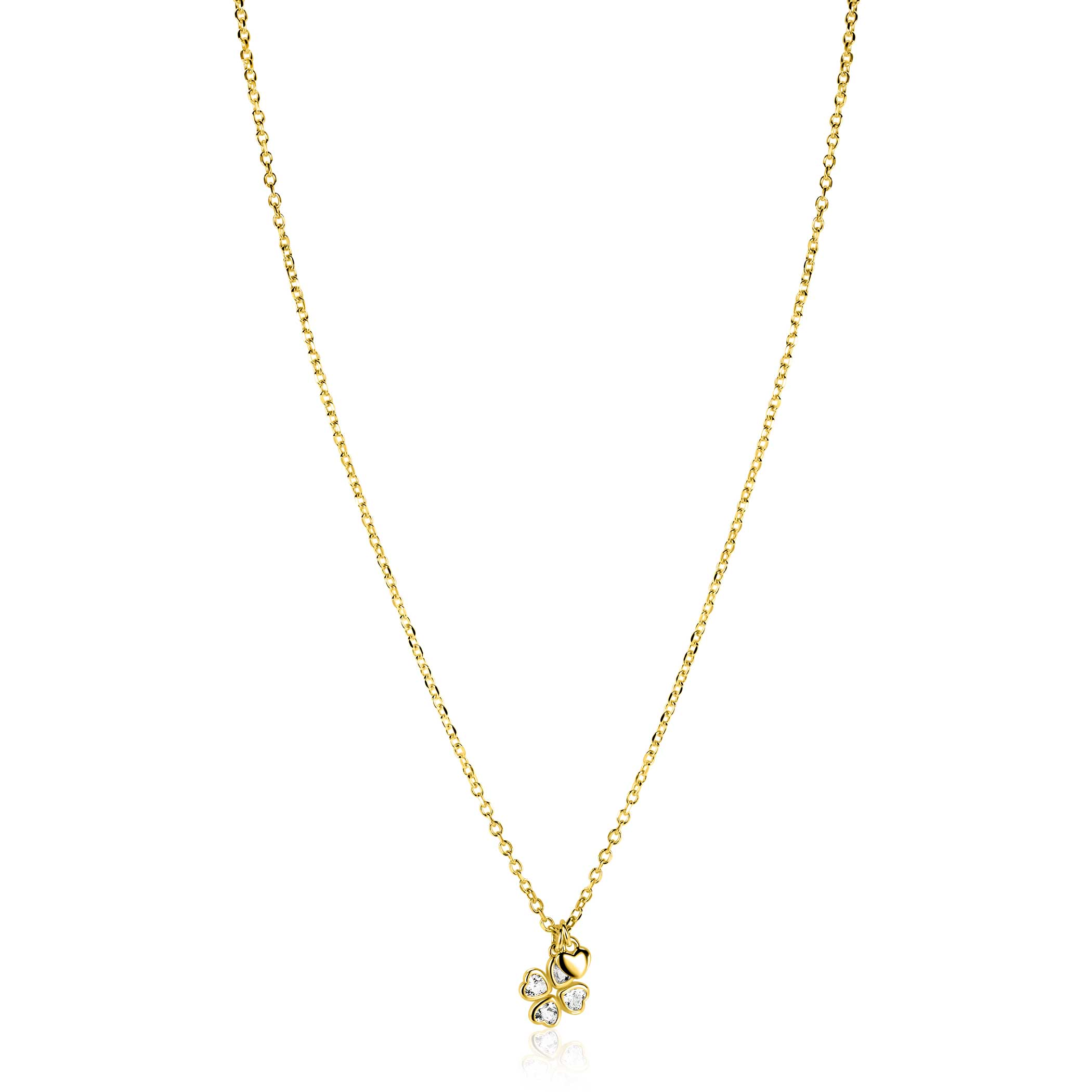 ZINZI goldplated zilveren ketting 45cm met klavertje vier en hartje hanger. Het klavertje vier is bezet met witte zirconia's. De lengte is verstelbaar van 40cm tot 45cm. Vervaardigd van eerste gehalte zilver (925) en extra geel verguld.