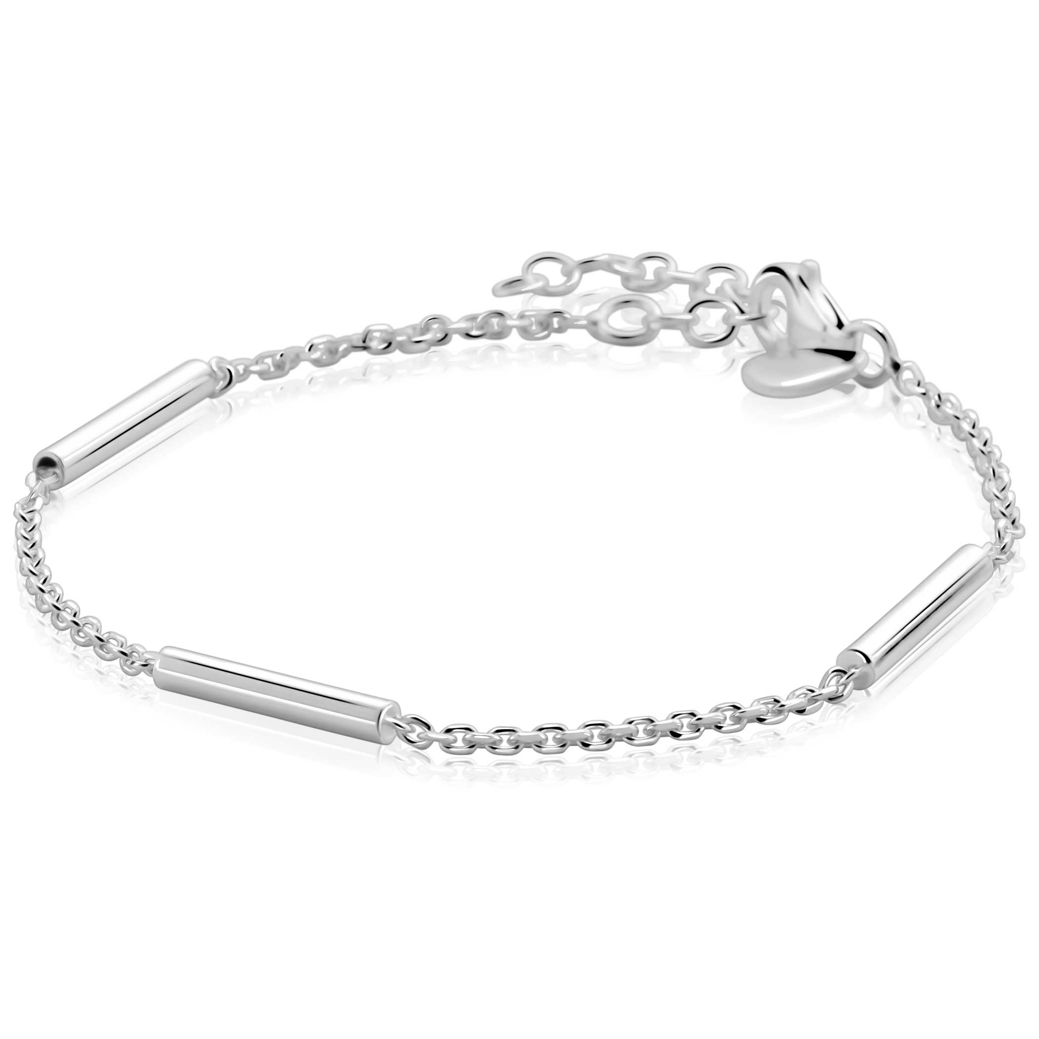 ZINZI zilveren schakelarmband met drie gladde ronde staafjes. De lengte is verstelbaar van 17cm tot 20cm. Vervaardigd van eerste gehalte zilver (925) en voorzien van een extra rodiumlaag voor langdurige glans.
