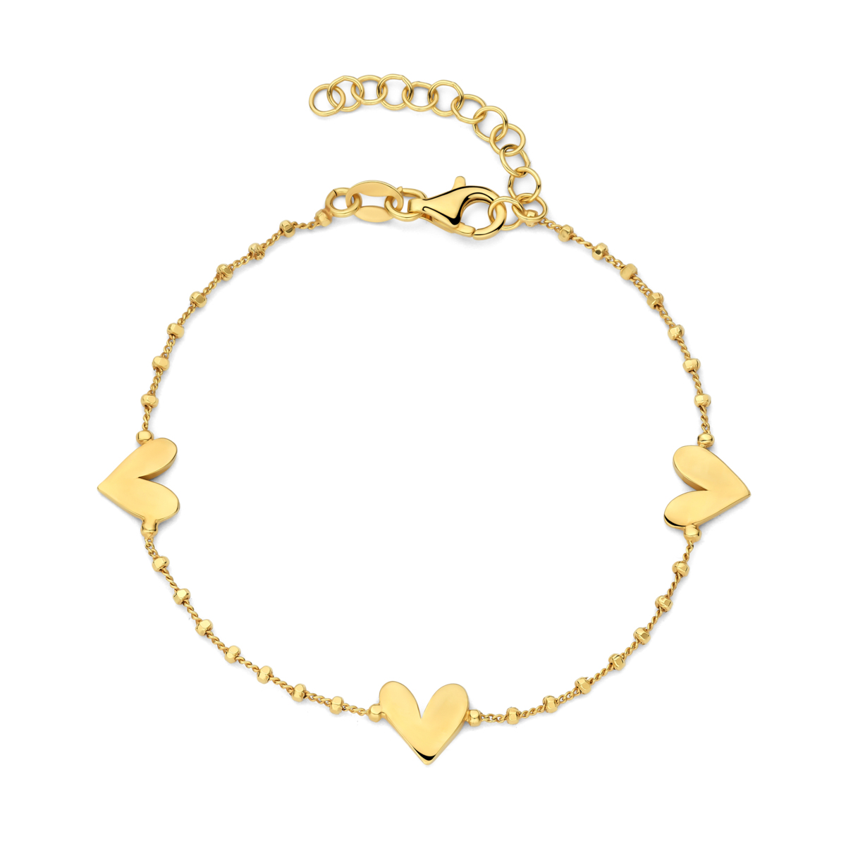 De Zilveren geel vergulde armband met hartjesmotief van 16+3 cm biedt een elegante fantasielook in goudkleurig zilver. Deze mooie armband voegt een verfijnde touch toe aan elke outfit. Draag hem solo voor subtiele elegantie of combineer met andere armbanden voor een trendy, gelaagde look. Perfect voor elke gelegenheid!