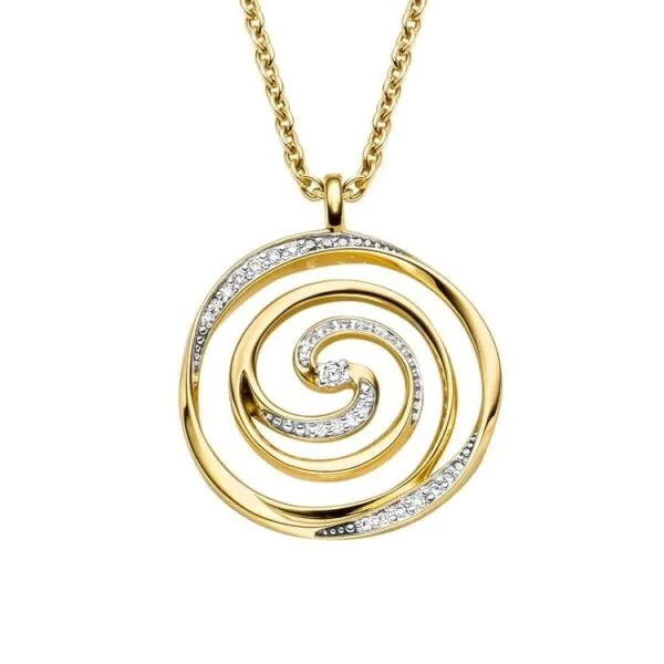 Dit goudkleurige collier met ronde hange rmet zirkonia's is van het merk Viventy. Het collier heeft draaglengtes 45cm en 42cm.