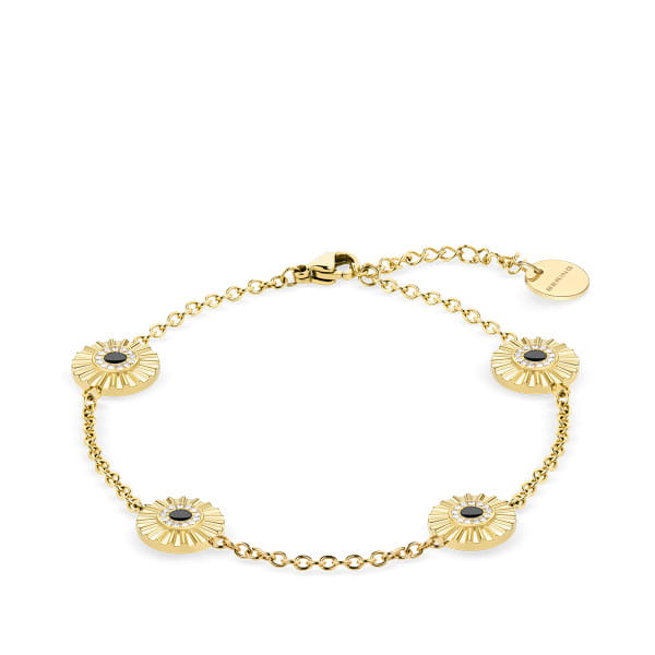  Licht en donker in harmonie &ndash; deze BERING armband speelt met contrast en elegantie.  De 665-260-180 armband bestaat uit vijf zonvormige hangers van goudkleurig roestvrij staal, met een diepzwarte kern en omringd door heldere kristallen. Een ontwerp vol karakter &ndash; subtiel en toch opvallend.  Gemaakt van goudkleurig roestvrij staal met zwarte steen en kristallen. Verstelbare lengte met BERING-hanger.  Voor zichzelf staand of perfect gecombineerd.  Diep en helder. Elegant en krachtig.  BERING &ndash; wanneer contrast schoonheid wordt. 